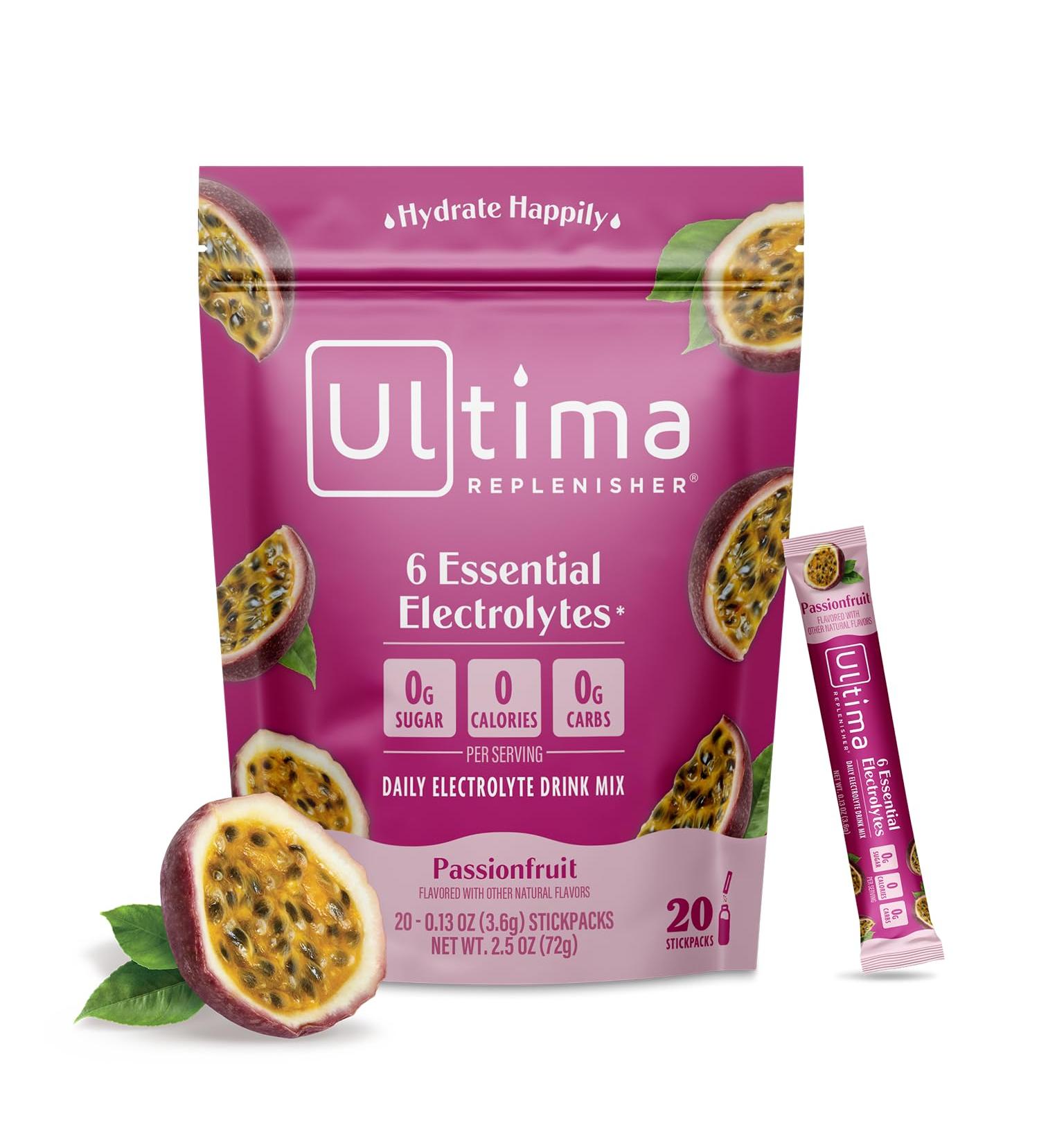 Ultima Replenisher Passionfruit Electrolyte Drink Mix 20 Keto-Friendly Stickpacks with 6 Electrolytes & Trace Minerals Non-GMO Sugar-Free Hydration Packets - Buy Online on GoSupps.com