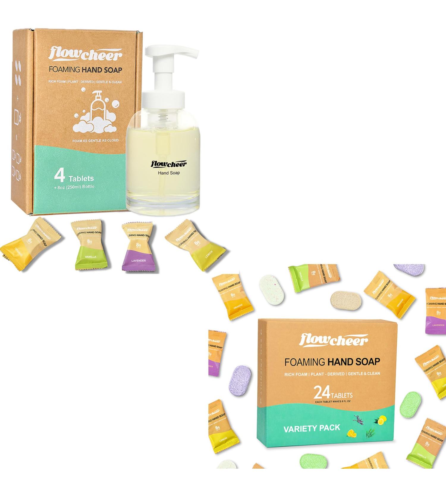 flowcheer Foaming Hand Soap Starter & Refill Bundle Crystal Clear Glass Foaming Hand Soap Dispenser + 28 Scented Soap Refill Tablets (28 9 fl oz) Variety Fragrance Airbnb Exclusive Value Set - Buy Online on GoSupps.com