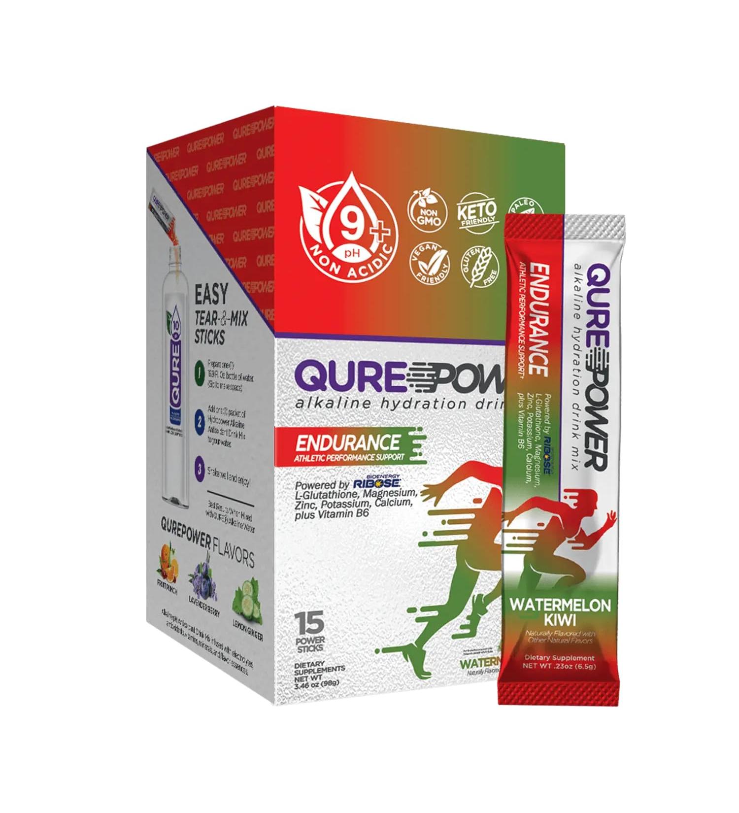 QURE Power Endurance: Alkaline Hydration Mix for Energy & Endurance | Watermelon Kiwi Flavor | 15 Easy Open Sticks | International Shipping Available - Buy Online on GoSupps.com