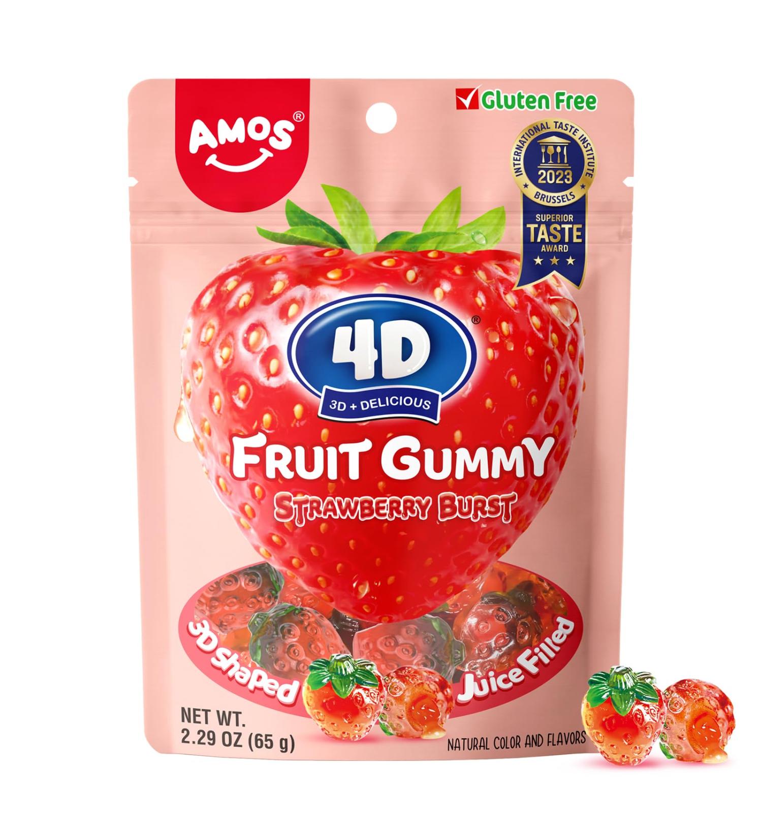 Amos Fruit Gummy Strawberry Burst 4D Strawberry Gummy Candies with Filled Hearts Natural Flavor Fruity Treats 65g Bag (Pack of 3) - Buy Online on GoSupps.com