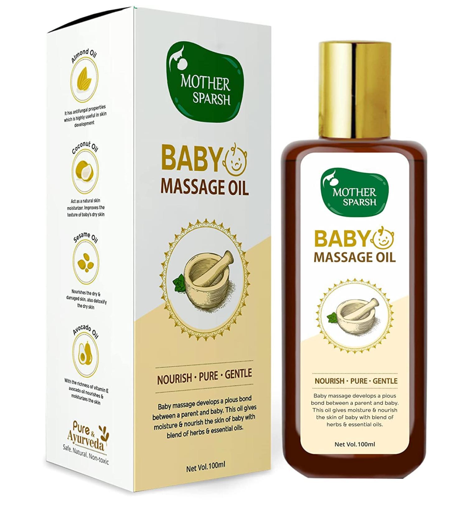 Mother Sparsh Ayurvedic Baby Massage Oil | 100ml with 18 Herbal Extracts & Oils - Lajjalu, Tagar, Almond & Avocado Oil - Buy Online on GoSupps.com