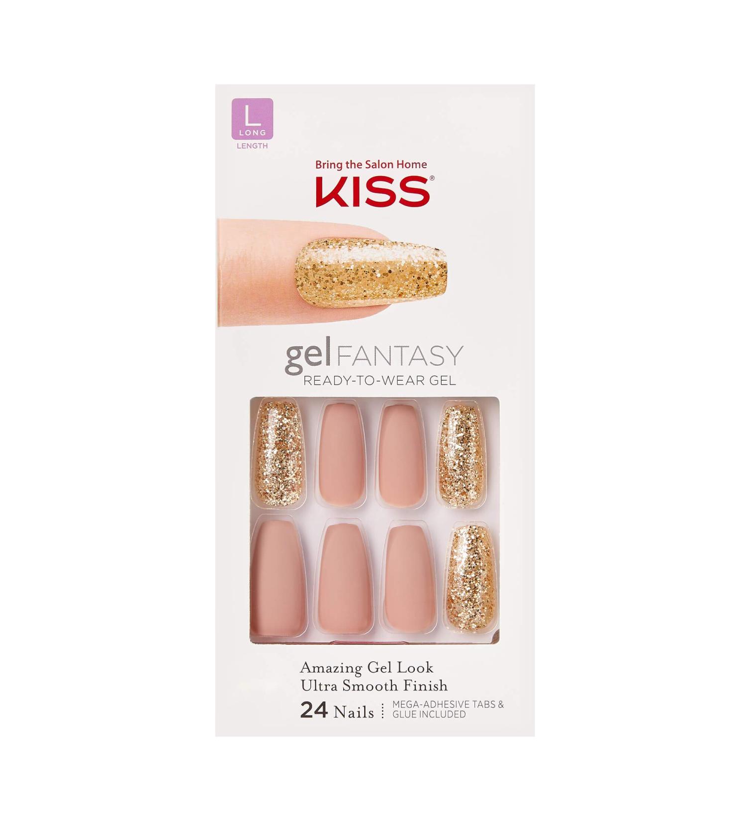KISS Gel Fantasy Long Pink and Gold High Arch Nail Kit with 28 Fake Nails - Pack of 24 | Sculpted Gel Nails with Adhesive Tabs, Glue, Manicure Stick, and Mini File - Buy Online on GoSupps.com