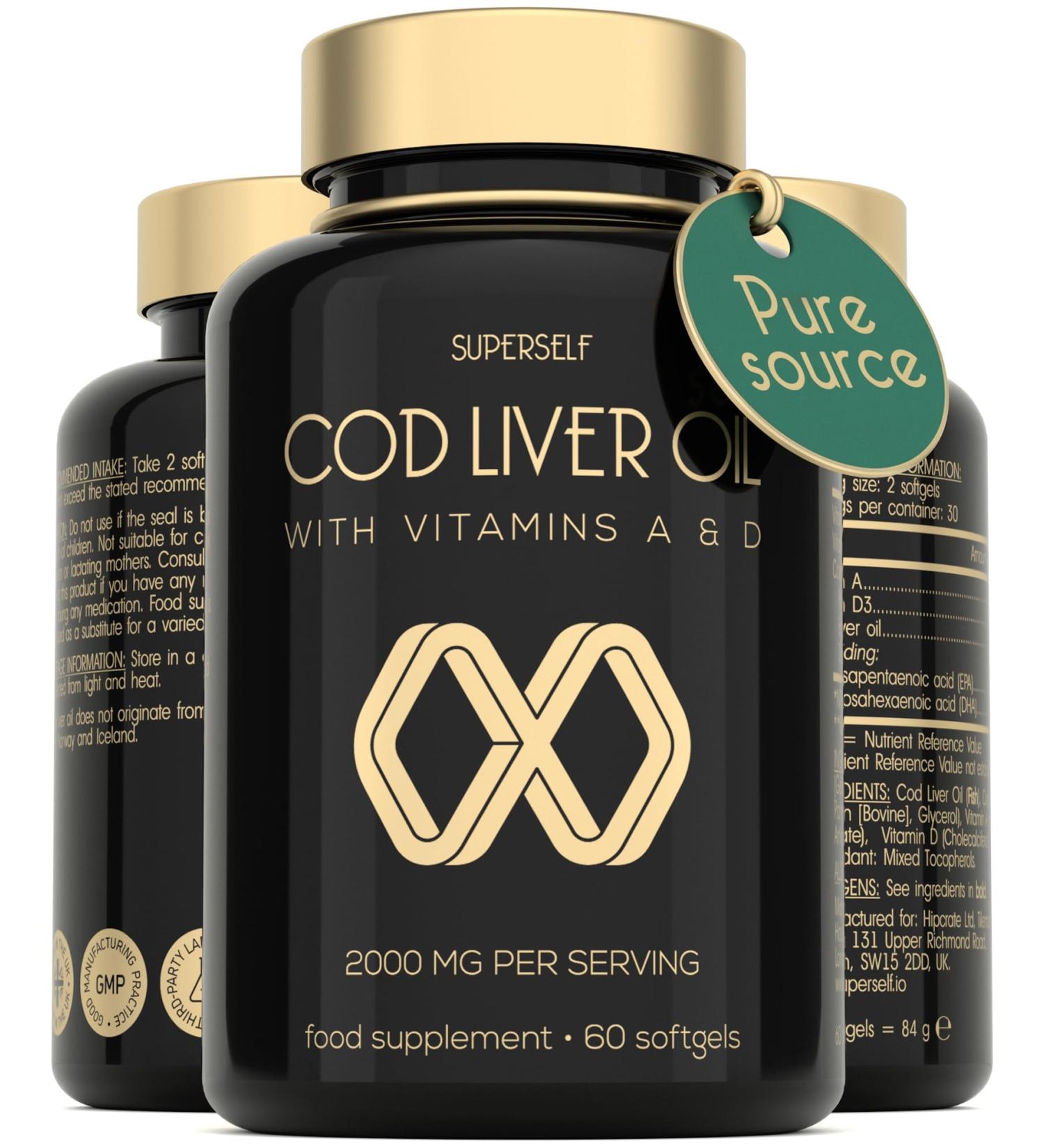Cod Liver Oil Capsules High Strength 2000mg - Rich in EPA DHA Omega 3 & Vitamins D and A - 60 Softgel Tablets - 1000mg Arctic Cod Liver Oil per Capsule - Odourless & Burp-Free Fish Oil - UK Made - Buy Online on GoSupps.com