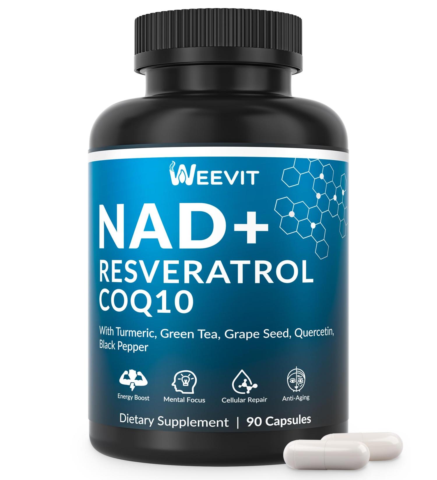 WEEVIT NAD+ Resveratrol Supplement with COQ10 Quercetin Turmeric NAD+ Supplement for Men and Women - Energy Focus & Anti-Aging Support - Gluten Free Non-GMO - Buy Online on GoSupps.com