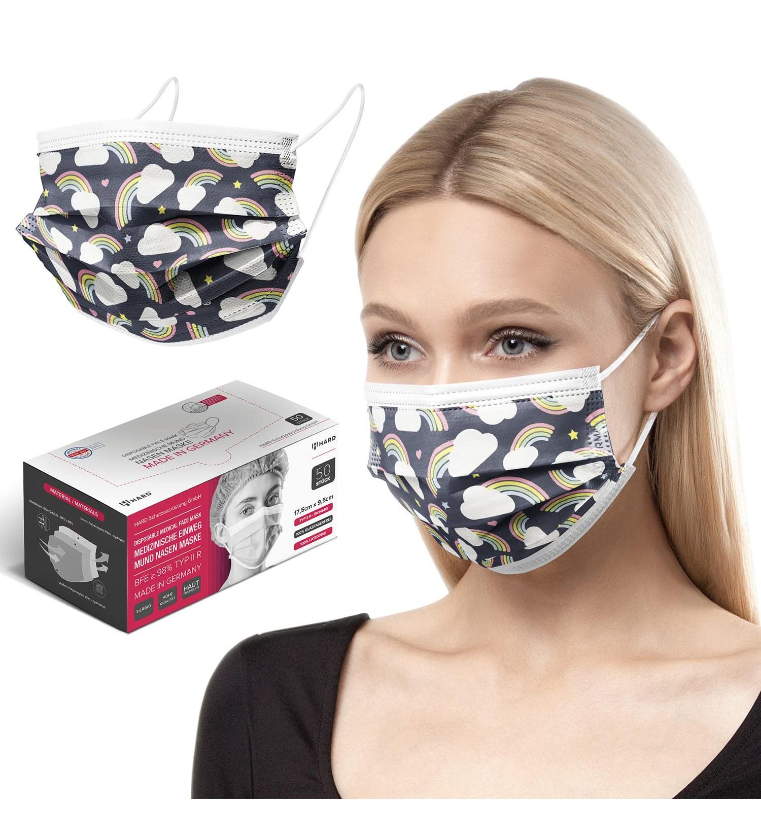50 Disposable Face Masks Made in Germany | CE Certified, Type IIR | Dark Rainbow | Breathable Triple Layer | 99.78% Filtration - Elastic Earloops - Buy Online on GoSupps.com