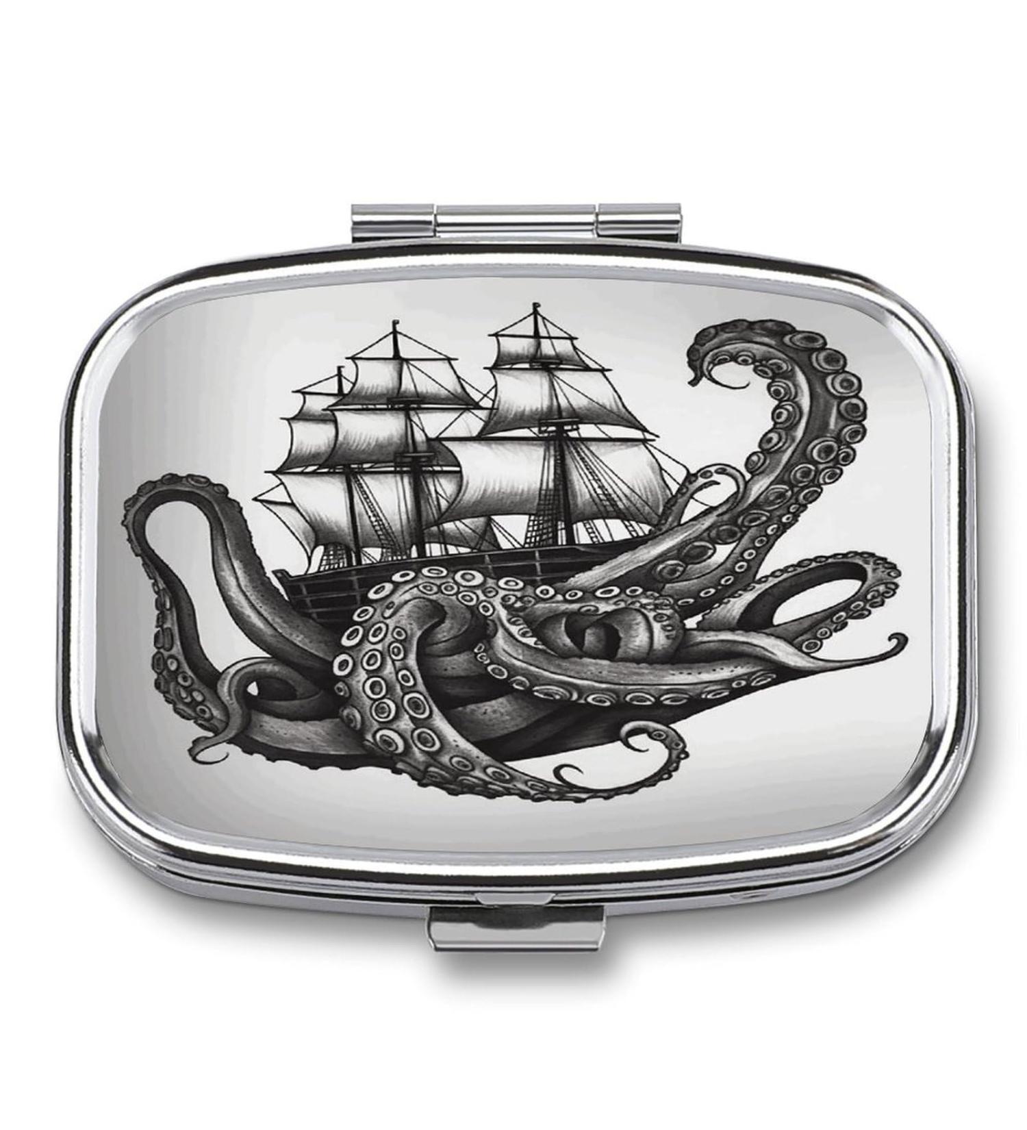 Stylish Black & White Octopus & Ship Print Pill Box | 2 Compartment Portable Pill Organizer | Decorative Metal Medicine Case for Purse & Pocket - Buy Online on GoSupps.com