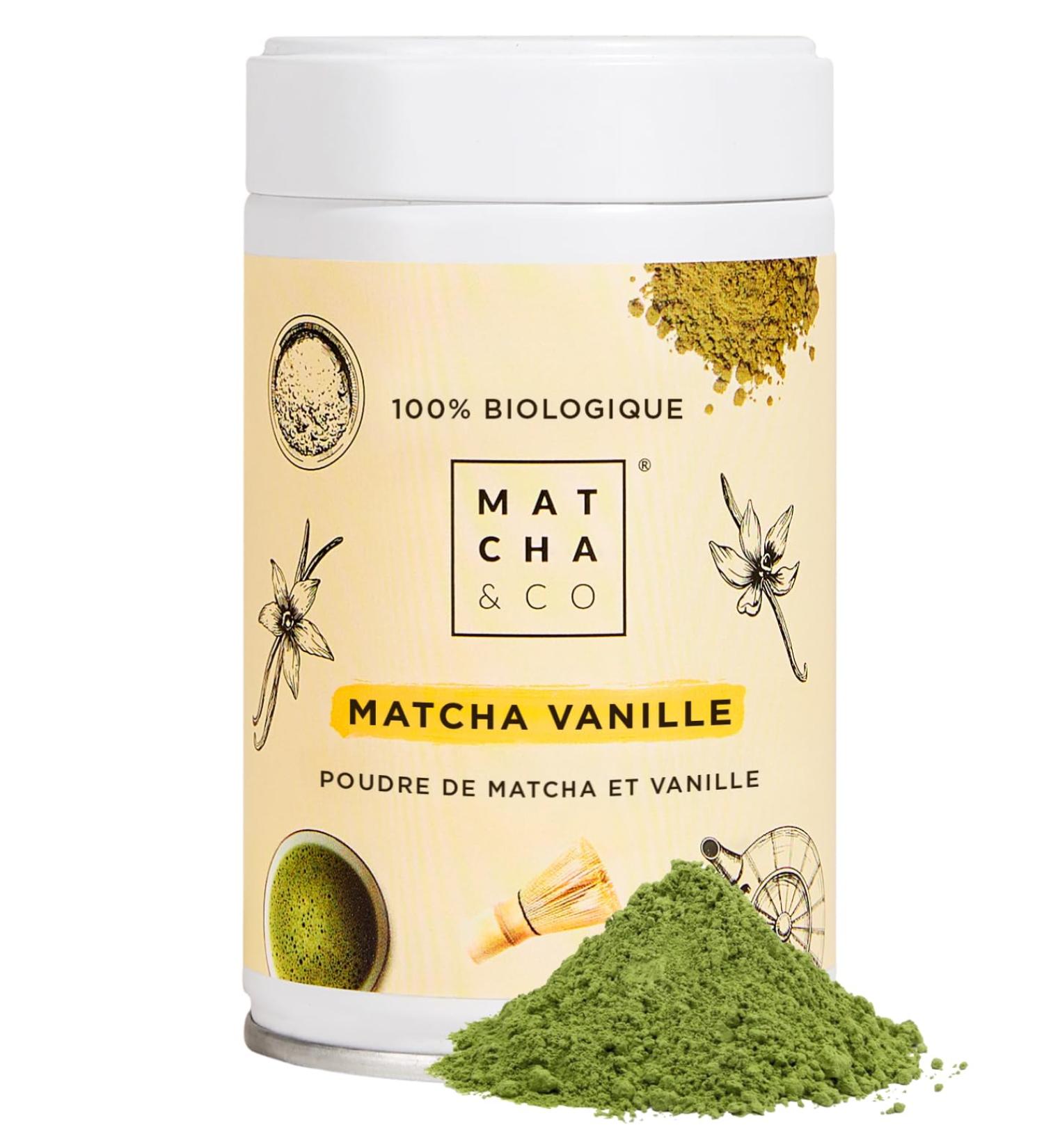 Matcha & CO | Th Matcha Original la Vanille (80 g) | Th Vert en Poudre Japonais Saveur Vanille | Th Vert en Poudre | Sans dulcorants Sucres ni OGM