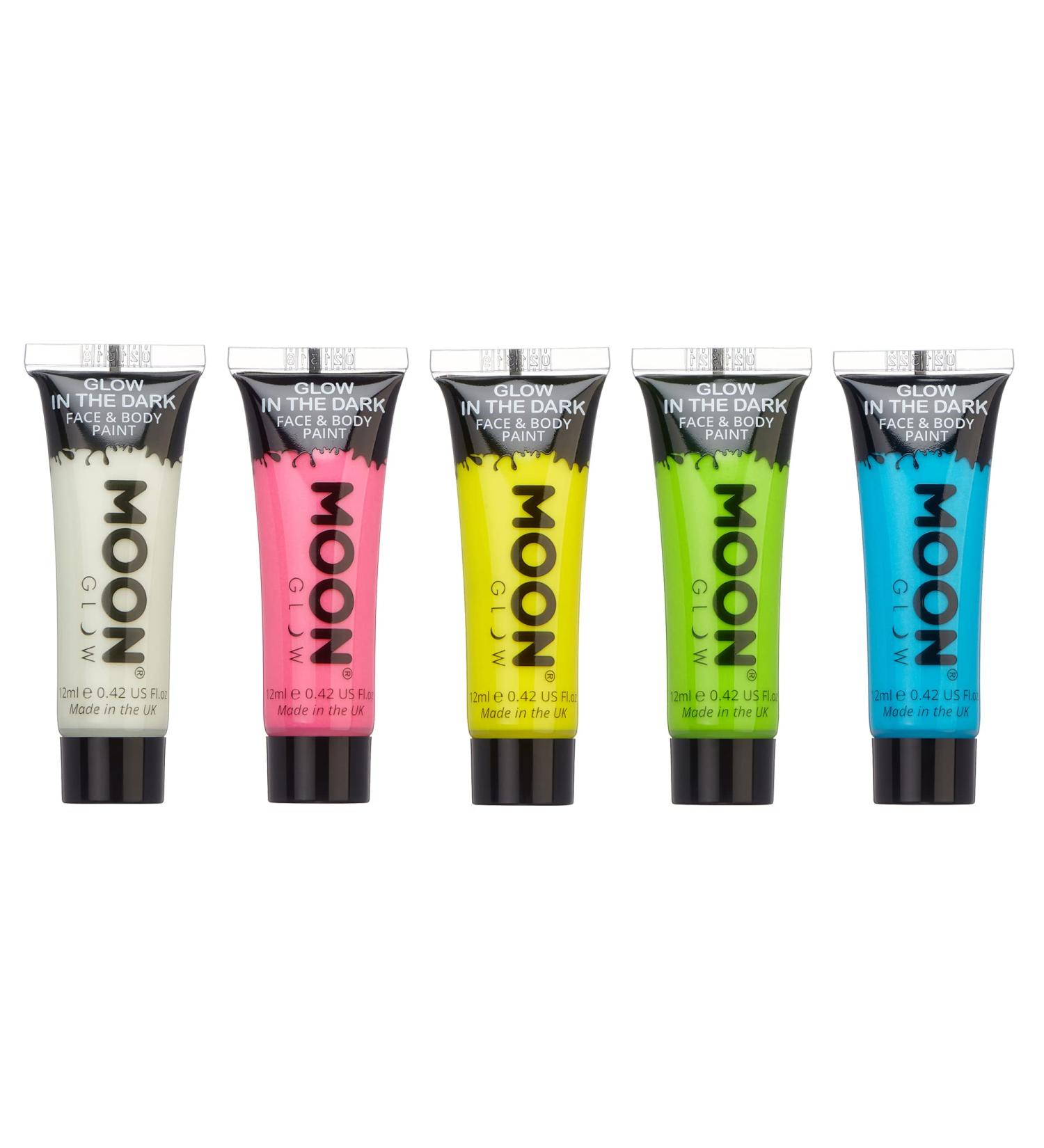 Moon Glow 12ml Glow in the Dark Face and Body Paint Phosphorescent Charge to Glow (Set of 5)