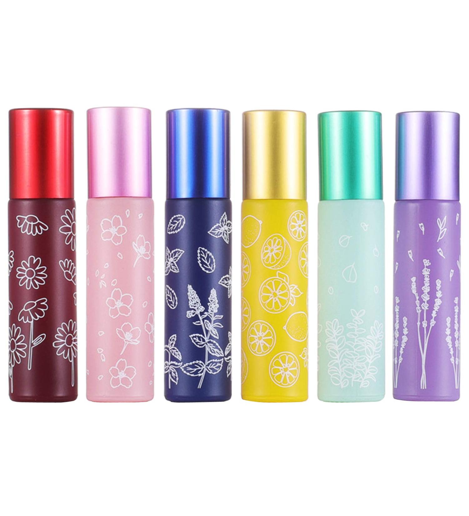 Alledomain 6Pcs 10ml Essential Oil Roller Bottles Refillable Empty Colorful Printed Frosted Glass Roll on Bottles Clear Roll Bottles with Stainless Steel Roller Balls Include 1 Dropper & Opener - Buy Online on GoSupps.com