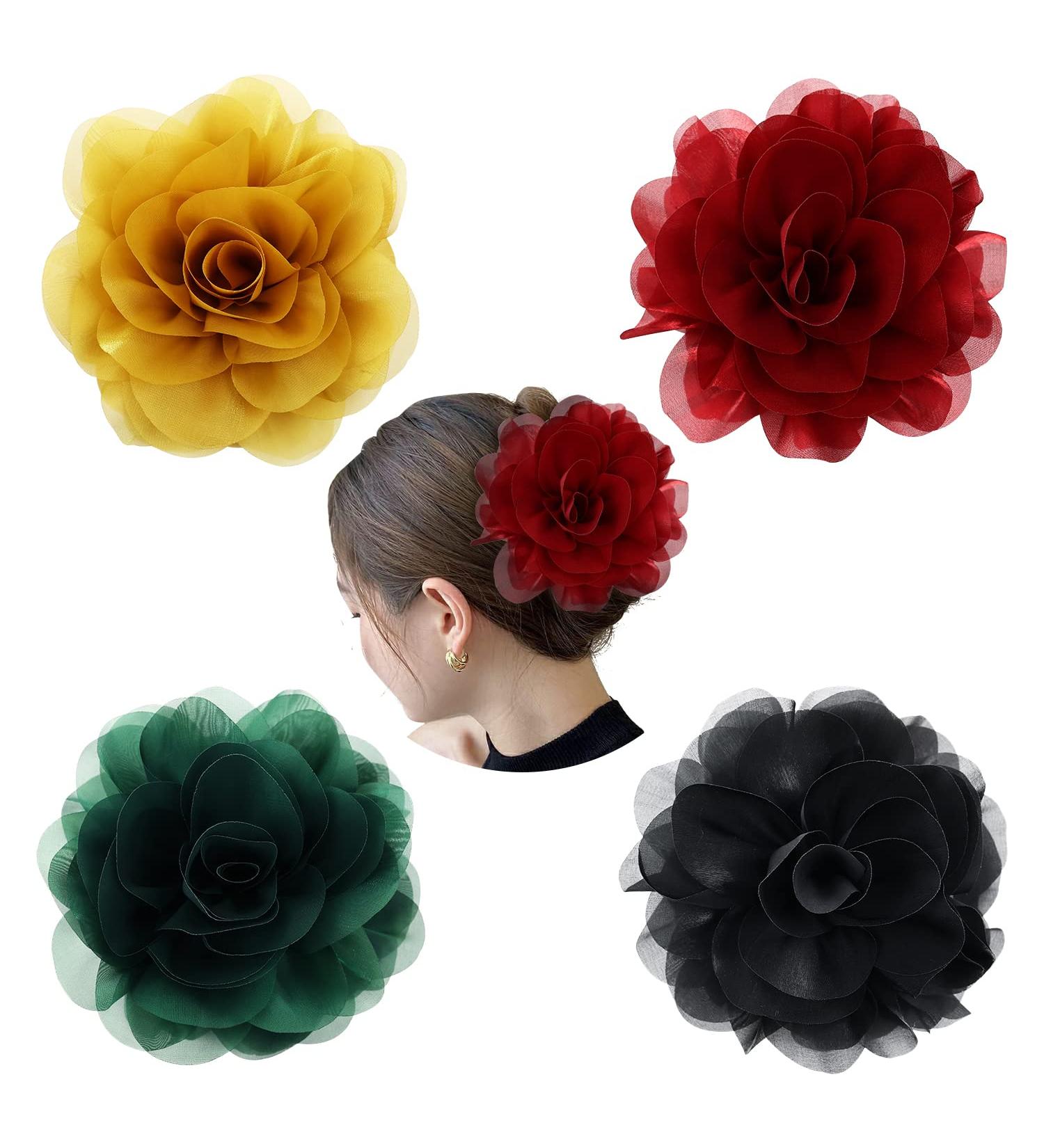Cinaci 4-Pack Black Plastic Hair Clips with Chiffon Rose Loop Stylish Hair Accessories for Women & Girls - Buy Online on GoSupps.com