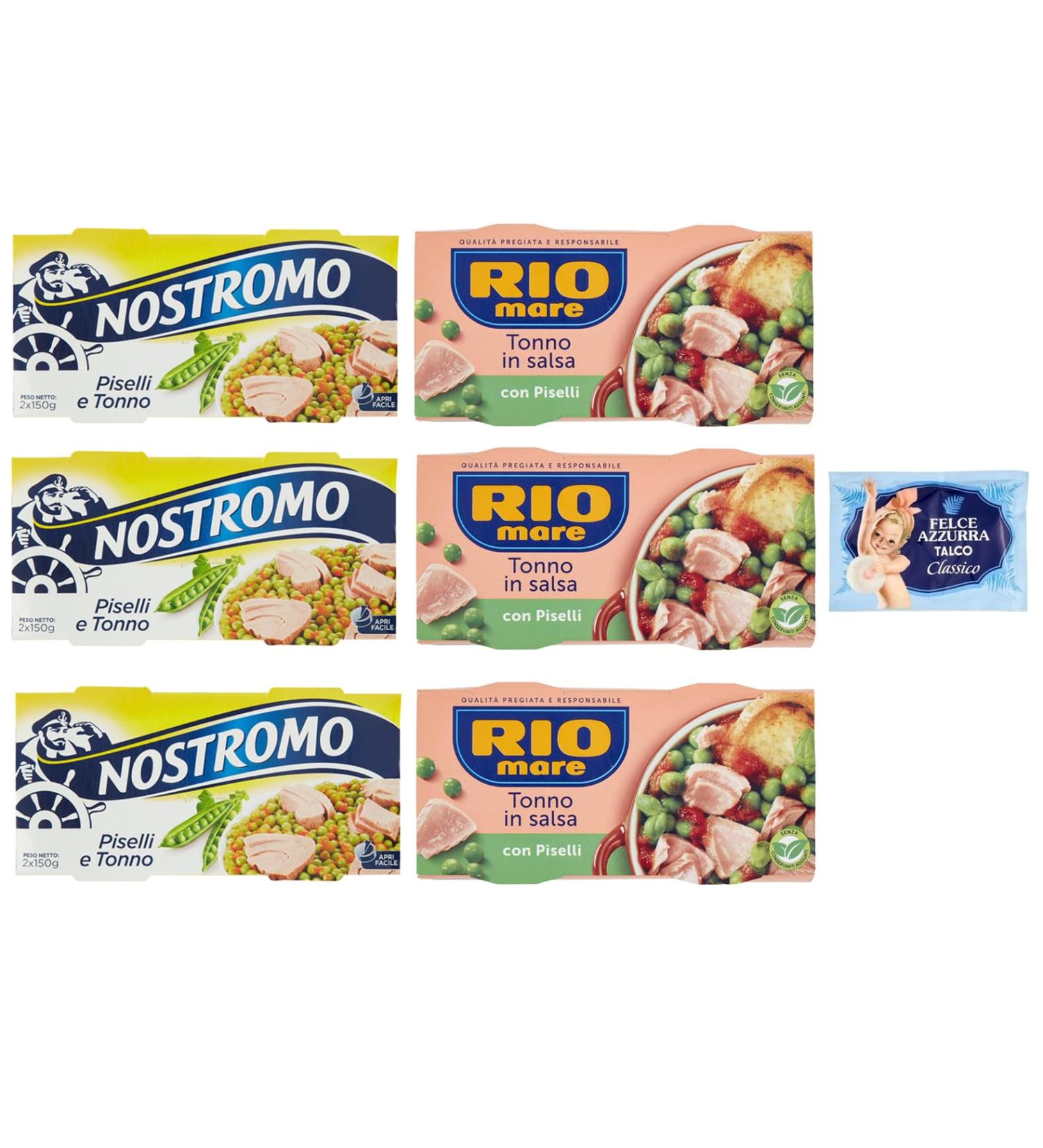 Rio Mare Nostromo Pack of 6 Tuna and Pea Test Sachets 150g + 1 Felce Azzurra Talcum Powder Sachet 100g - Buy Online on GoSupps.com