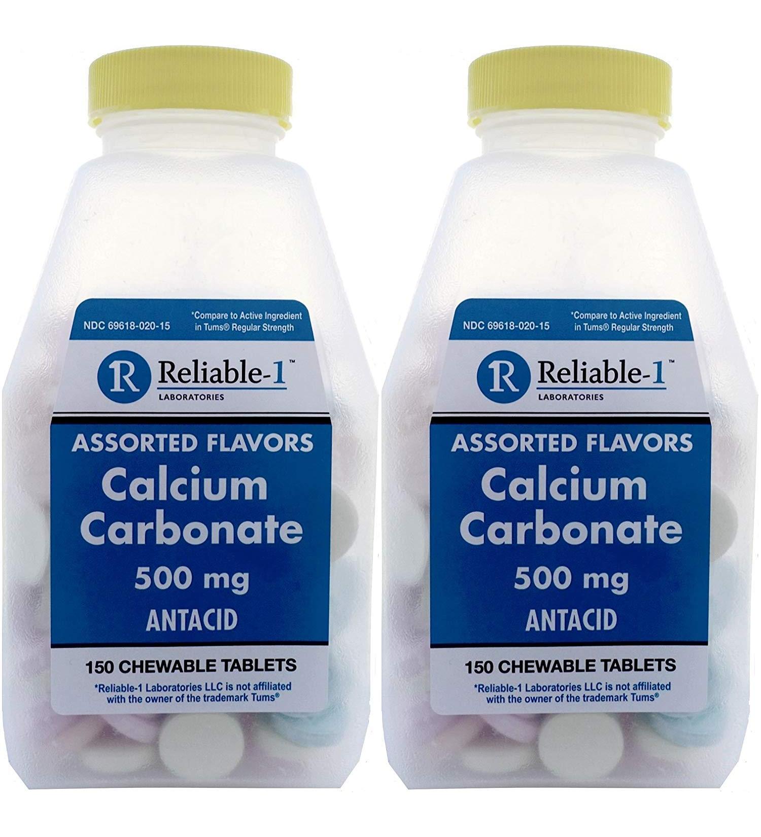 Calcium 500 mg Generic for Tums Assorted Fruit Flavored Chewable Tablets Regular Strength Antacid for Acid Indigestion Heartburn Sour Stomach 150 Chewable Tablets per Bottle Pack of 2