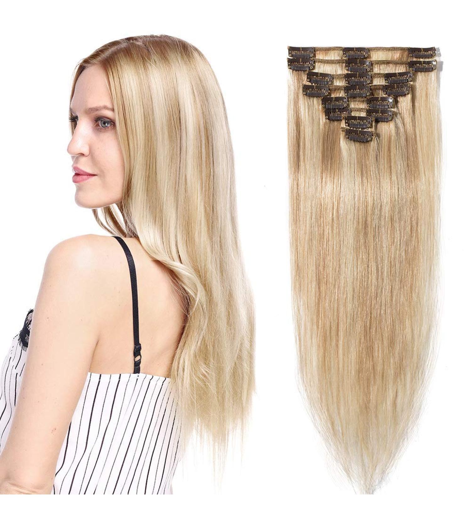 Premium Clip In Extensions - Real Remy Hair 8 Wefts 18 Clips 45cm 70g - Light Ash Blonde (#18/613) - International Shipping Available - Buy Online on GoSupps.com