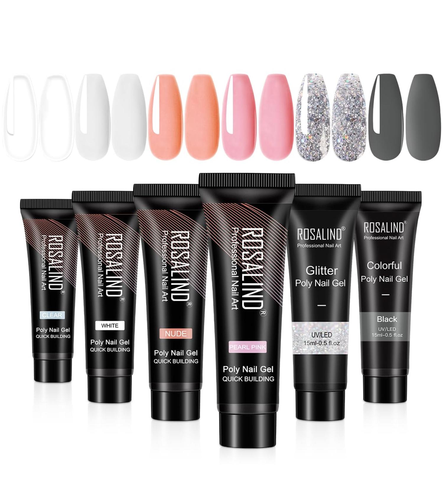 ROSALIND Poly Nail Gel Set Clear Pink Poly Nail Gel Colours 6PCS Poly Extension for Nails Poly Clear Gel Poly Builder Easy Nail DIY at Home for Nail Enhancement Art Design 1-white Nude Pink - Buy Online on GoSupps.com