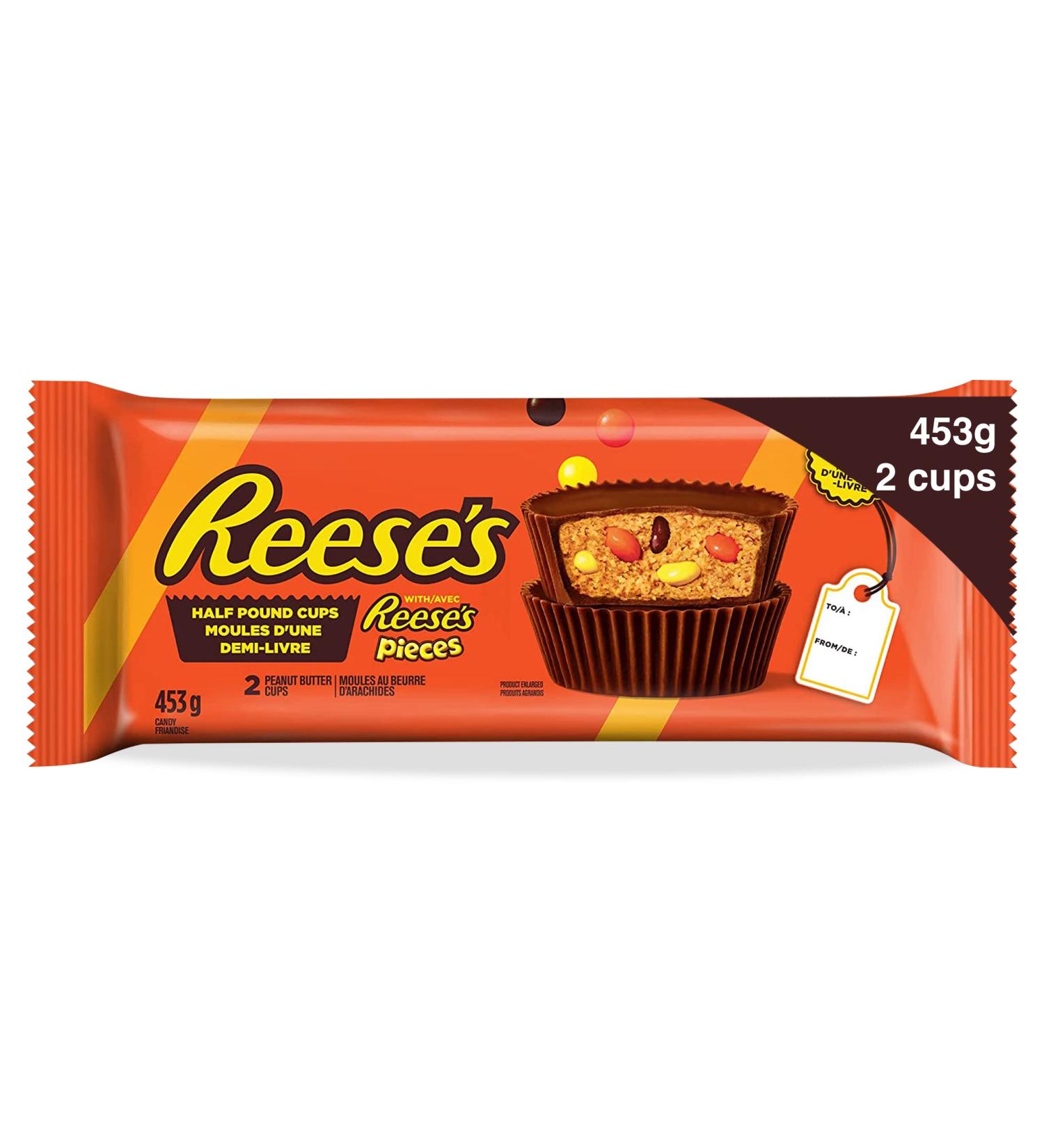 Reese's Half Pound Cups Stuffed with Reese's Pieces Chocolate Peanut Butter Bar Holiday Candy Chocolate Gift - 453g (Two Cups per Pack) Half Pound Cup with Reese's Pieces - Buy Online on GoSupps.com