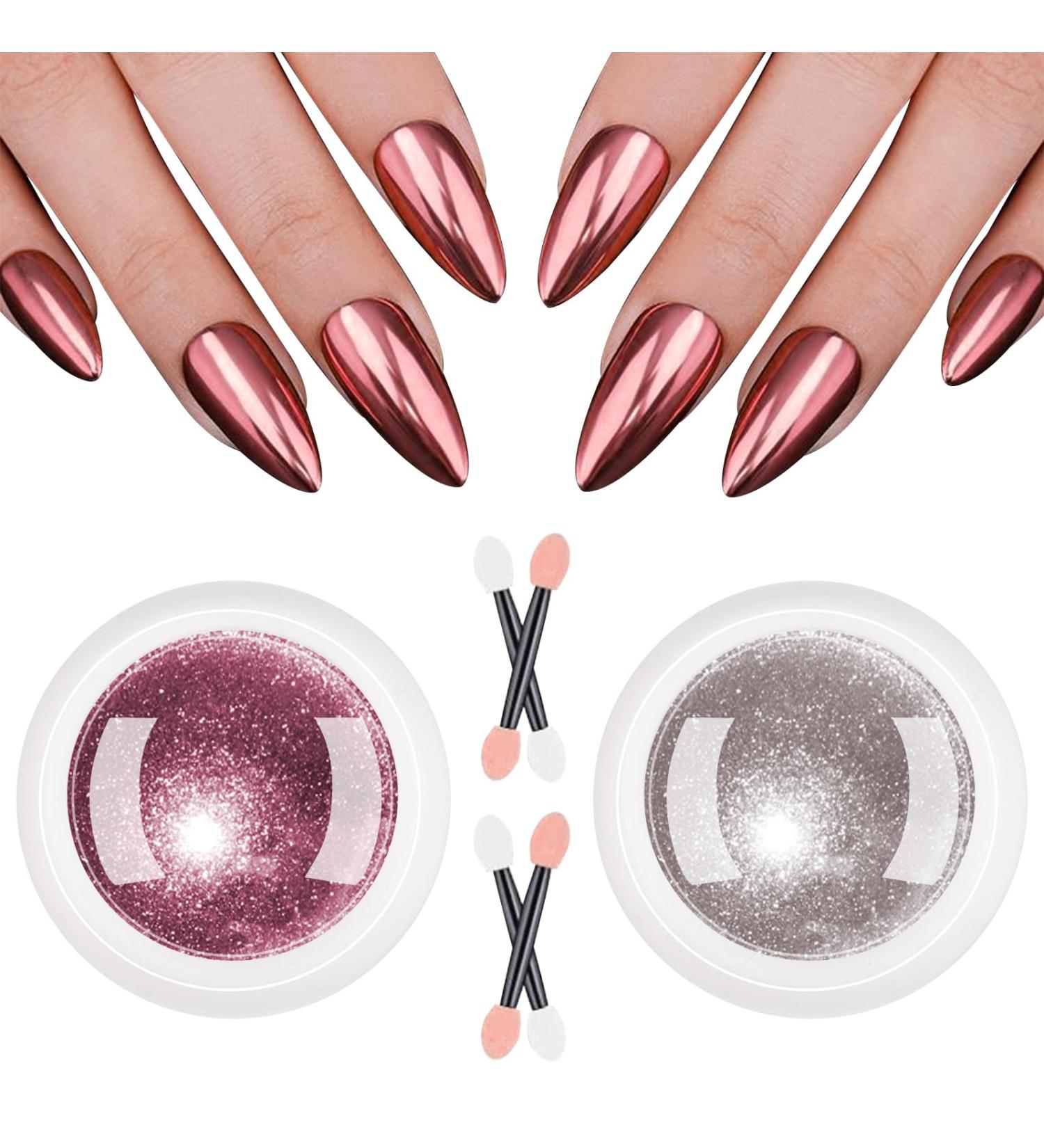 Rose Gold Chrome Nail Powder - Long Lasting Glitter for Mirror Effect Nails - Metallic Pigment Powder for Pink Champagne Chrome Nails - Easy to Use - 2 Jars Included - Buy Online on GoSupps.com