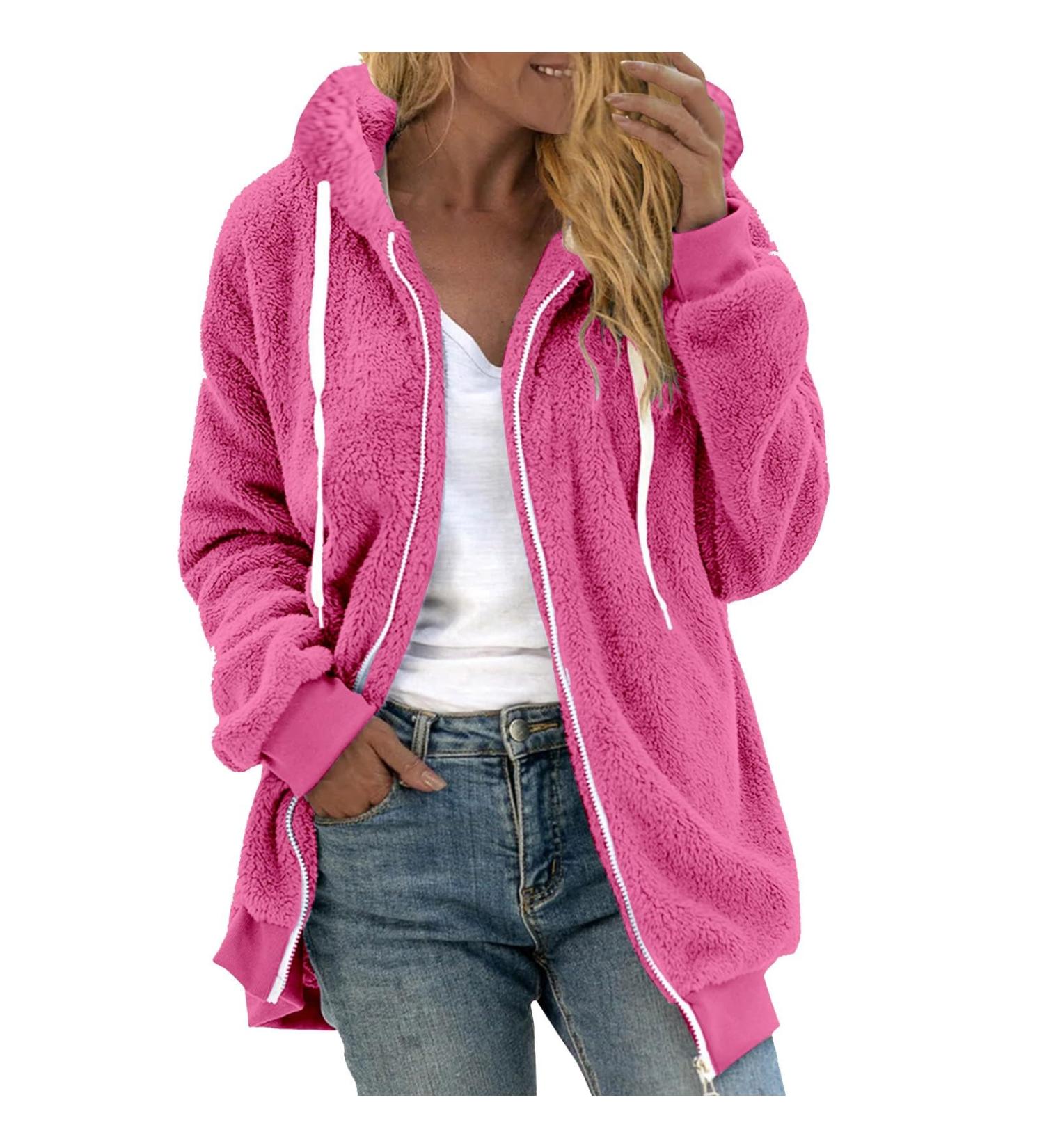 Shop Hanxiulin Fluffy Oversized Fleece Jacket for Women - Warm & Stylish Zip-Up Hoodie in Hot Pink | Elegant Autumn Coat - Buy Online on GoSupps.com