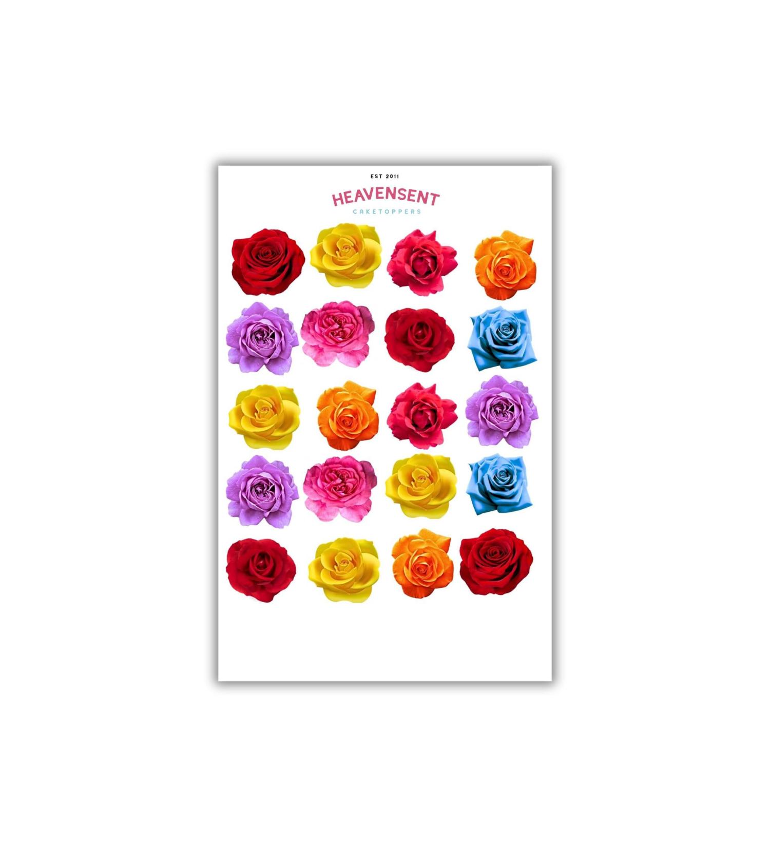 Cake Topper Edible 40 Multicoloured Roses Red Blue Flowers Pre-cut Premium Thick Sweet Wafer Card Standing Cupcake Toppers Birthday Party Cake Decorations