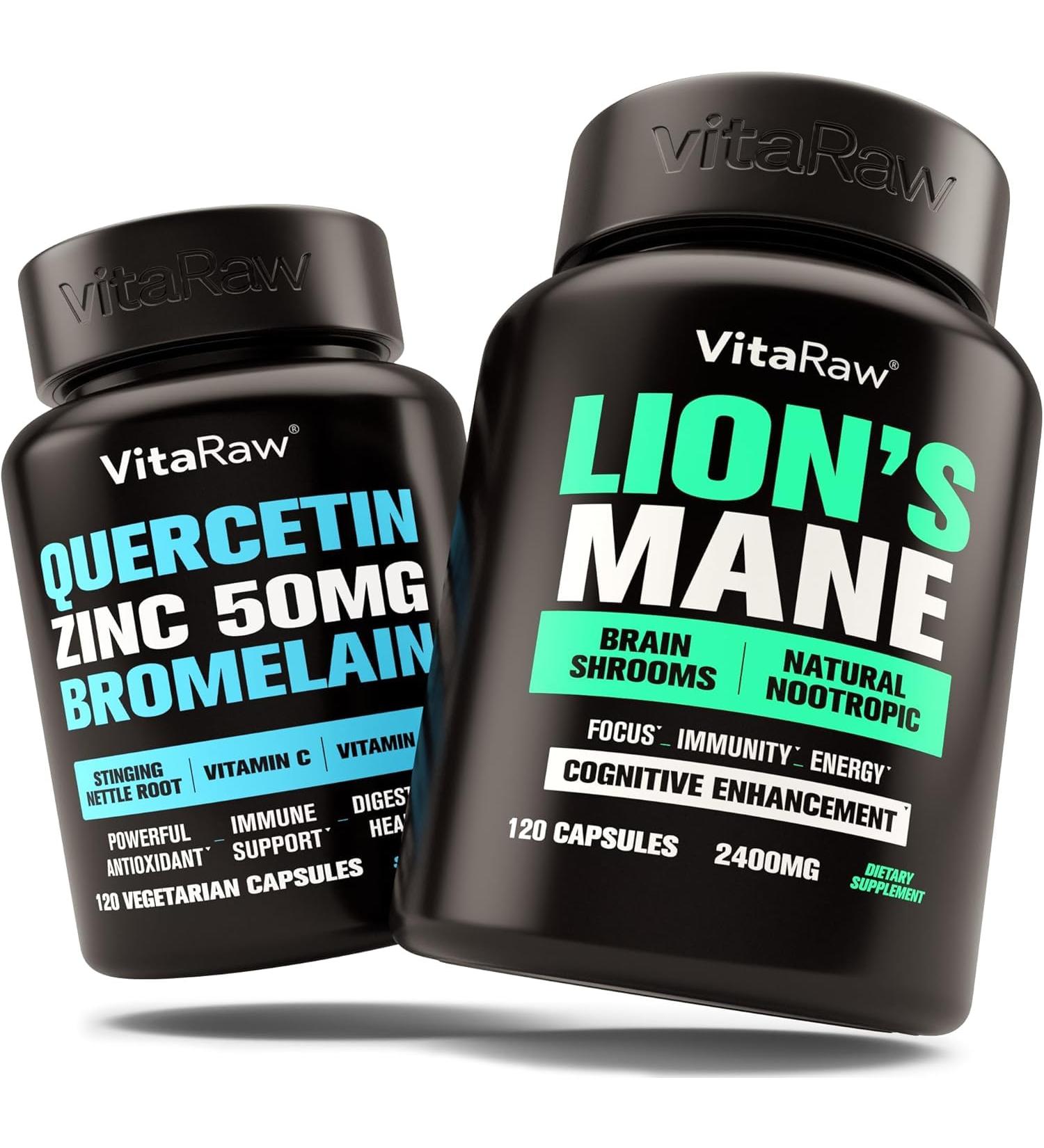 VitaRaw Lions Mane Mushroom Capsules + Zinc Quercetin with Bromelain Supplement - Buy Online on GoSupps.com
