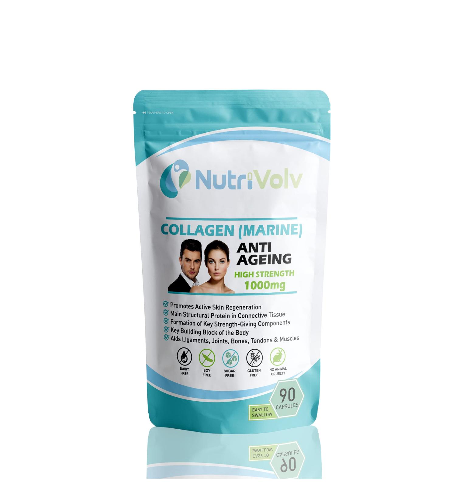 Nutrivolv Collagen Marine (1000mg) Supplement - Anti-Ageing for Skin, Tissue, Joints, Bones & Muscles | 90 Capsules - Buy Online on GoSupps.com