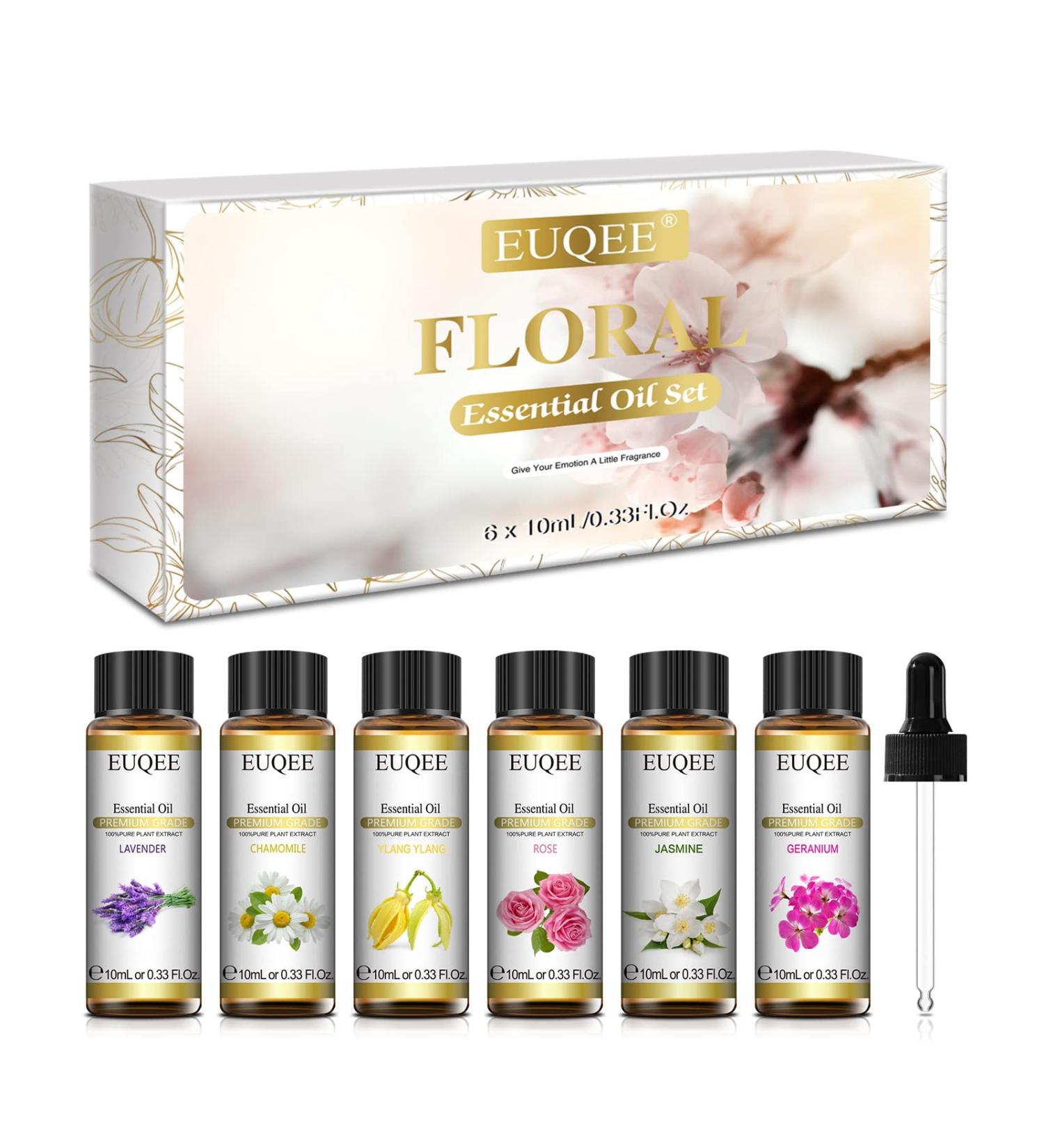 EUQEE Floral Essential Oils Set - 100% Pure Therapeutic Grade Aromatherapy Oils for Diffuser - Lavender, Rose, Ylang Ylang, Jasmine, Geranium, Chamomile - 60ml Total - Buy Online on GoSupps.com