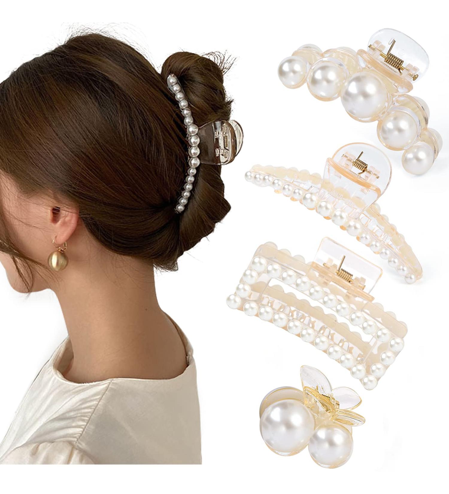 Mehayi 4 PCS Large Pearl Hair Claw Clips | Hair Barrette Clamps for Women & Girls | Fashion Accessories for Party & Wedding - Buy Online on GoSupps.com