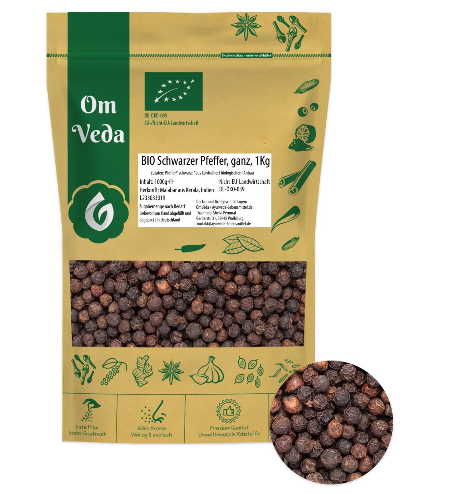 Organic Malabar Black Pepper Whole 1000g | Premium Kerala Spices | OmVeda Organic Black Pepper for Cooking | 1 Kg - Buy Online on GoSupps.com