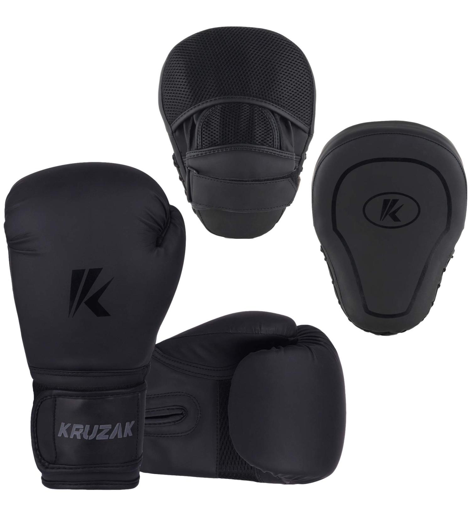 Kruzak Matte Black Boxing Gloves and Focus Mitts Set - 16 oz for Kickboxing, Muay Thai, MMA Training - Fitness Kit for Martial Arts - Buy Online on GoSupps.com