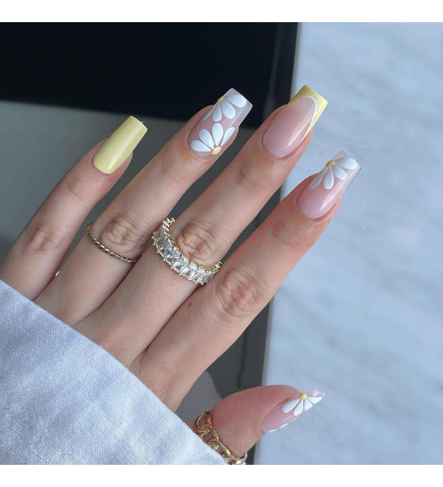 Yellow Daisy French Tip Press on Nails - 24Pcs Short Square False Nails for Women - Buy Online on GoSupps.com