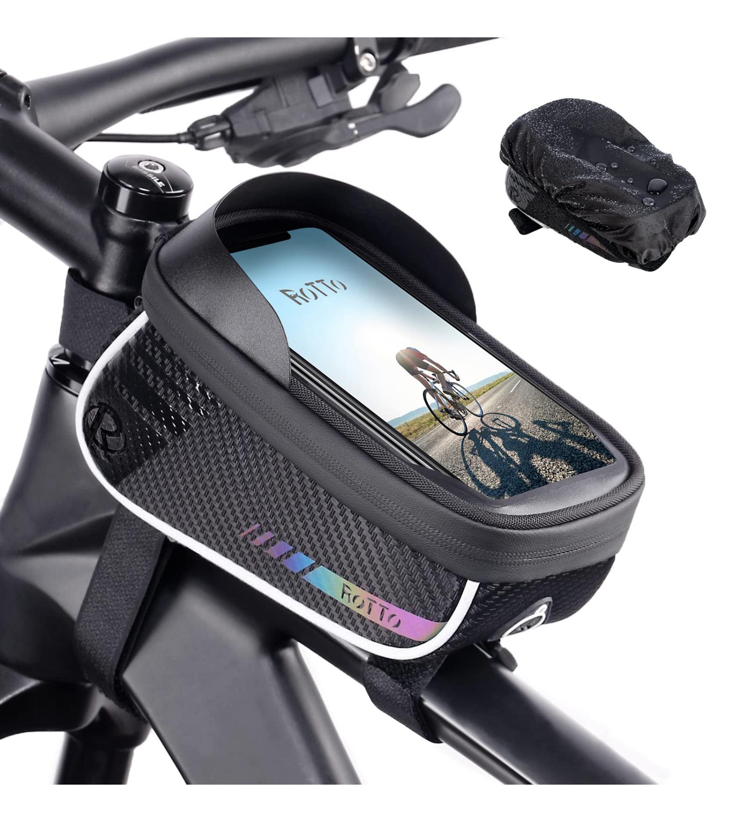 ROTTO Waterproof Bicycle Frame Bag | Top Tube Cell Phone Holder with Rain Cover - Black V1 - Buy Online on GoSupps.com