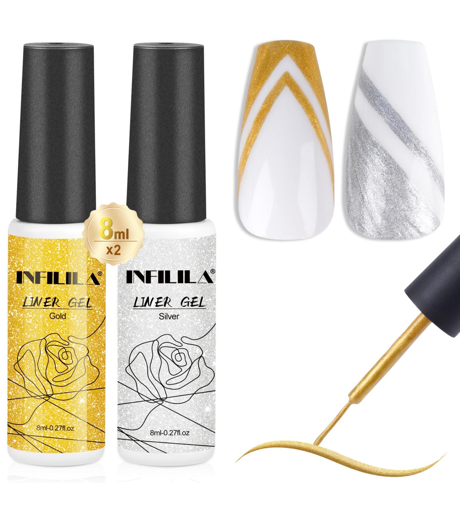 NXJ INFILILA Nail Art Gel Polish 2pcs 8ml Liner Nail Polish Set Gel Polish Liner Gold & Silver Classic Colors Gel Paint for Nails DIY Nail at Home and Manicure Salon Liner Gold Silver - Buy Online on GoSupps.com