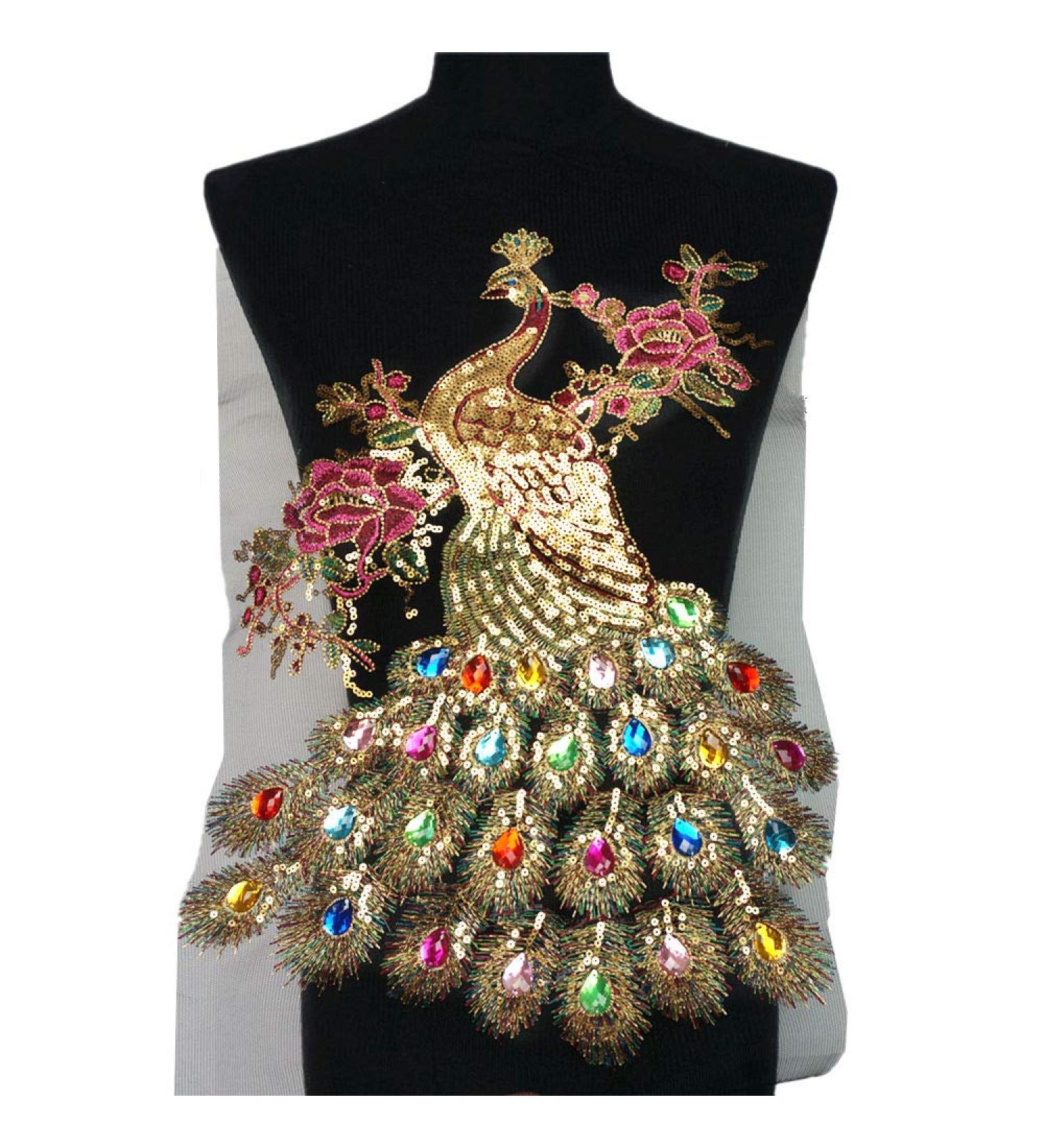 IXUEYU Sequin Peacock Rainbow Rhinestone Feather Tail Embroidered Gown Appliques Lace Fabric in Black - Perfect for DIY Wedding Decoration - Buy Online on GoSupps.com