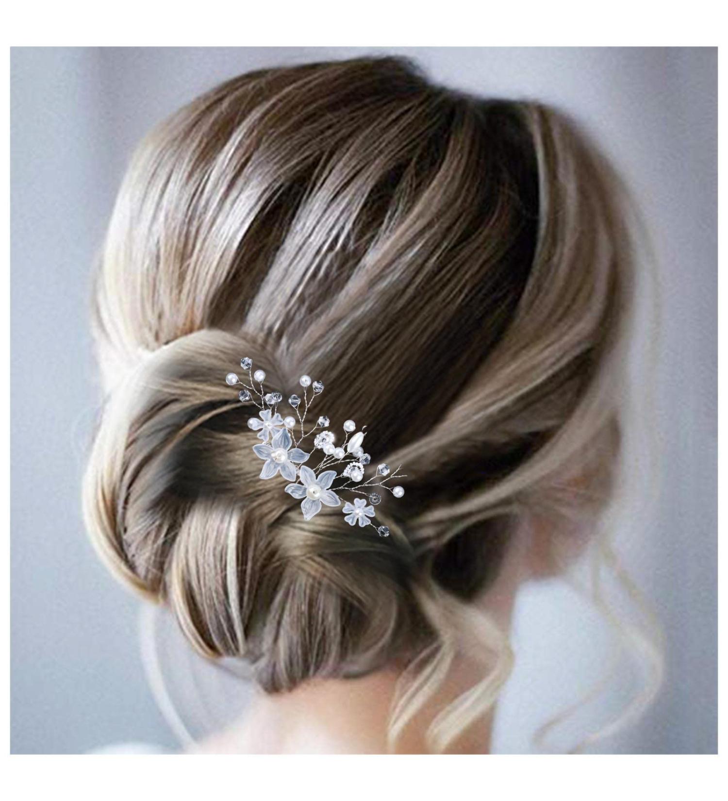 Allereya Crystal Pearl Wedding Hair Comb Barrette Rhinestone Pearl Flower Hair Comb Barrette Silver CZ Flower Bling Bridal French Pearl Head Comb Bride Hair Accessories for Women and Girls (Silver) - Buy Online on GoSupps.com