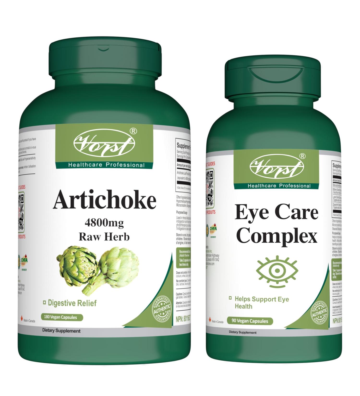 VORST Artichoke 180 Vegan Capsules & Eye Care Complex 90 Vegan Capsules (Combo Bundle 2 Bottles)