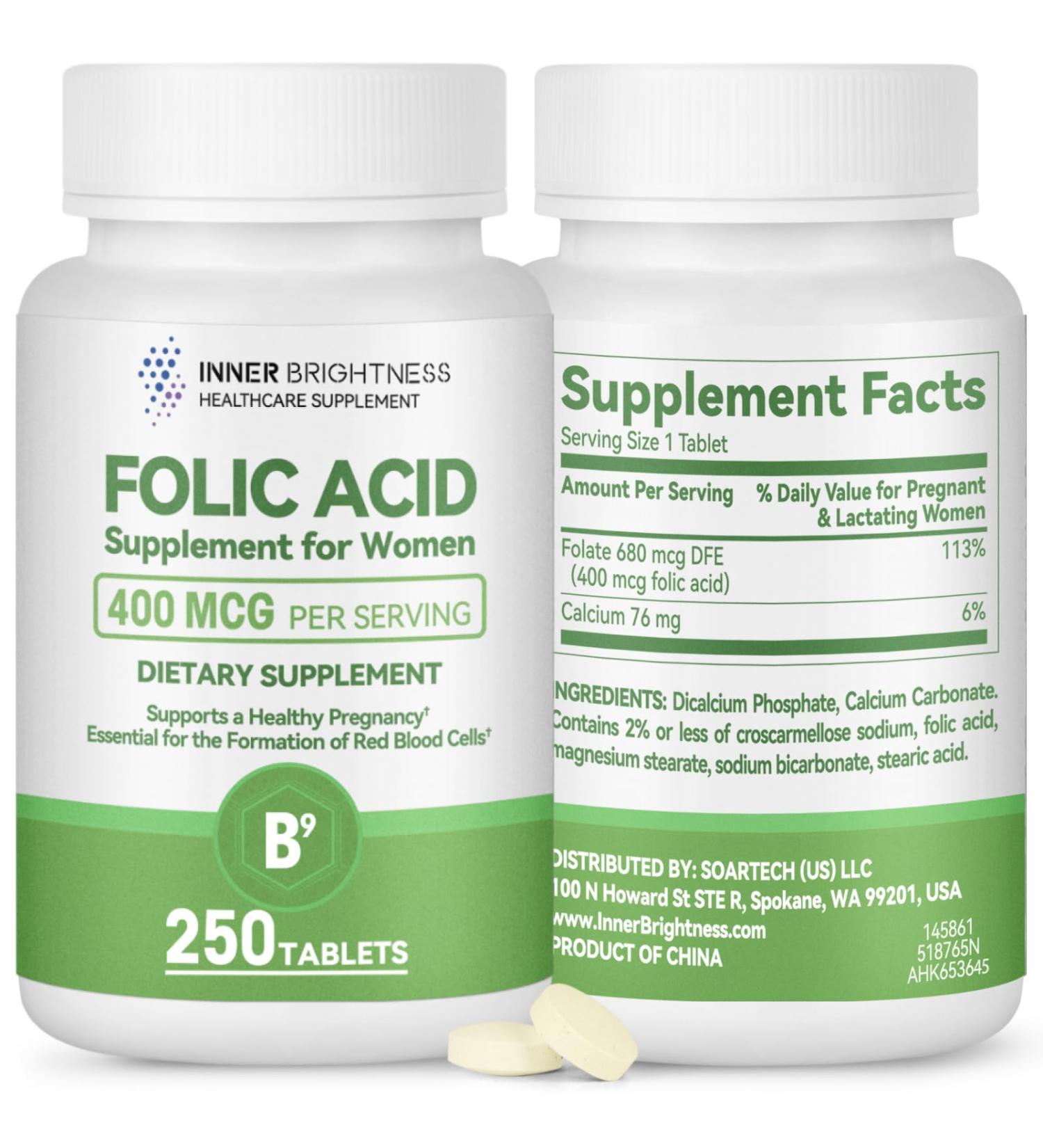 Inner Brightness Folic Acid 400 mcg with Calcium Women s Daily Supplement for Prenatal & Heart Health 250 Tablets Non-GMO Gluten-Free - Buy Online on GoSupps.com