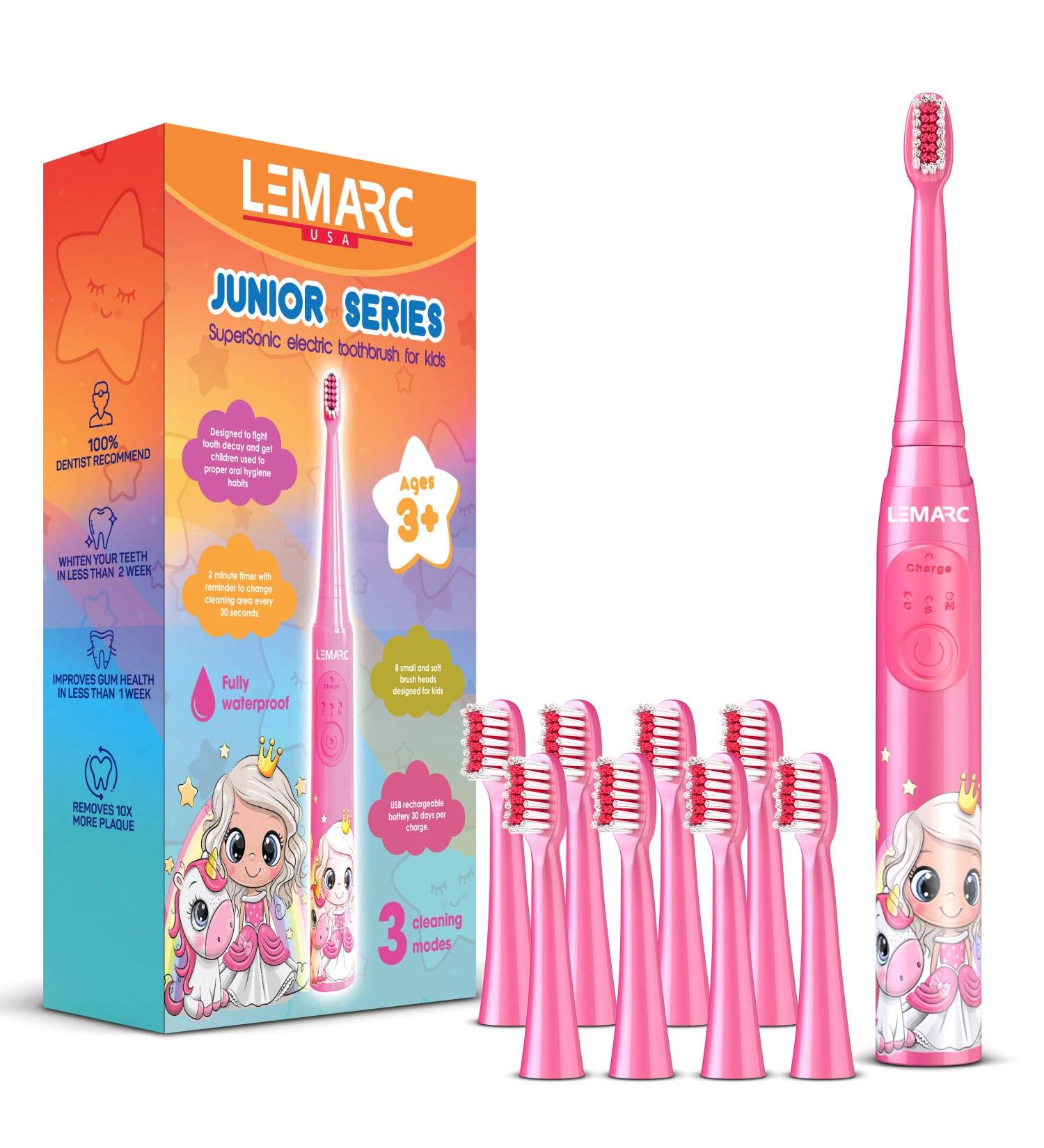 LEMARC USA Supersonic Kids Electric Toothbrush | 8 Dupont Brush Heads | USB Rechargeable | Vibration Speed Control | Massage Mode | 2 Min Timer | Waterproof | Age 3+ (Pink) - Buy Online on GoSupps.com