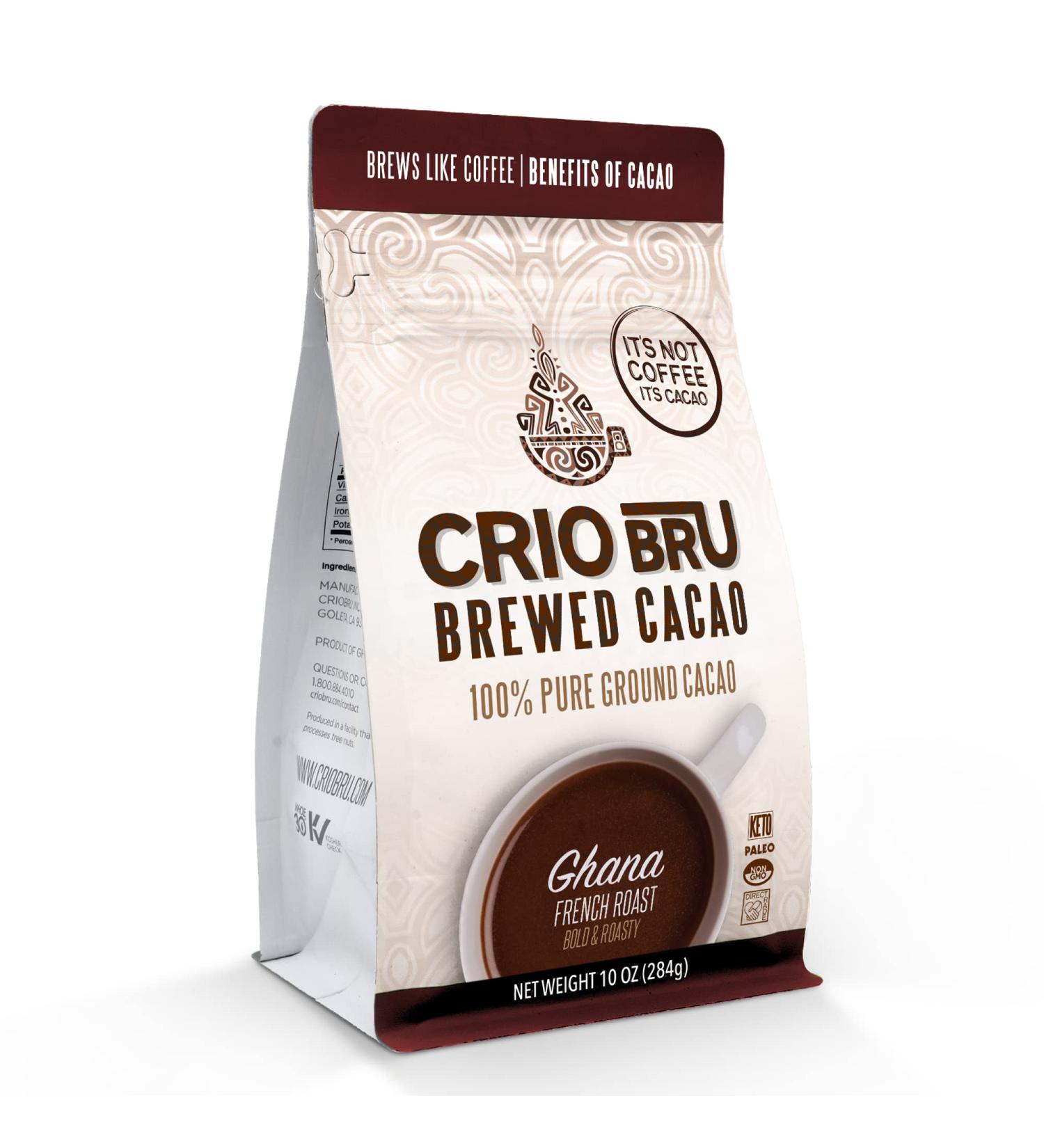 Crio Bru Brewed Cacao Ghana French Roast 10oz Bag - Coffee Alternative | 100% Pure Ground Cacao Beans | Non-GMO | Keto, Low Carb, Paleo | 99.99% Caffeine Free - 10 Ounce - Buy Online on GoSupps.com