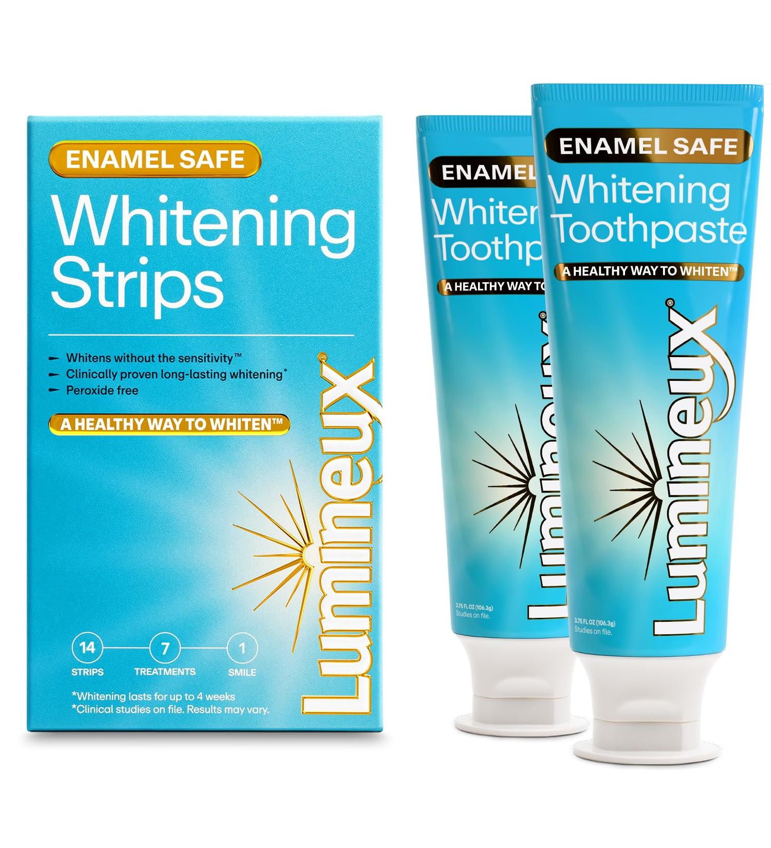 Lumineux Whitening Starter Set Peroxide Free - Enamel Safe for Whiter Teeth Includes 7 Whitening Treatments & 2 Pack Whitening Toothpaste, Fluoride Free & Dentist Formulated Starter Pack - Buy Online on GoSupps.com
