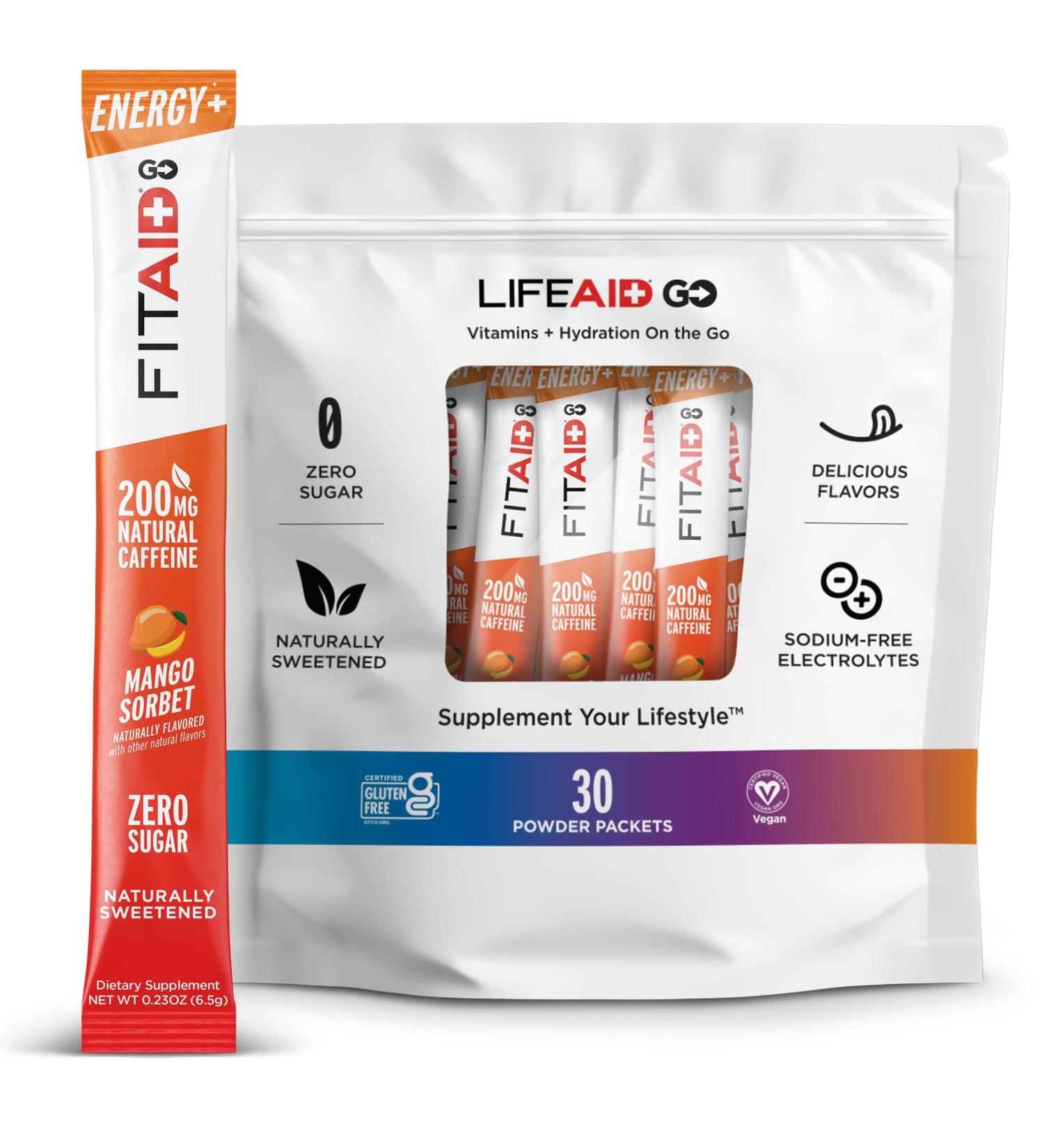 FITAID Energy GO Blend 200mg Caffeine from Green Tea Zero Sugar All-in-One Drink: BCAAs B-Complex COQ-10 Keto Friendly Pre-Workout Drink Paleo Mango Sorbet (Value Pack of 30) Fitaid Energy Go! 200mg Caffeine 30 Ser  - Buy Online on GoSupps.com