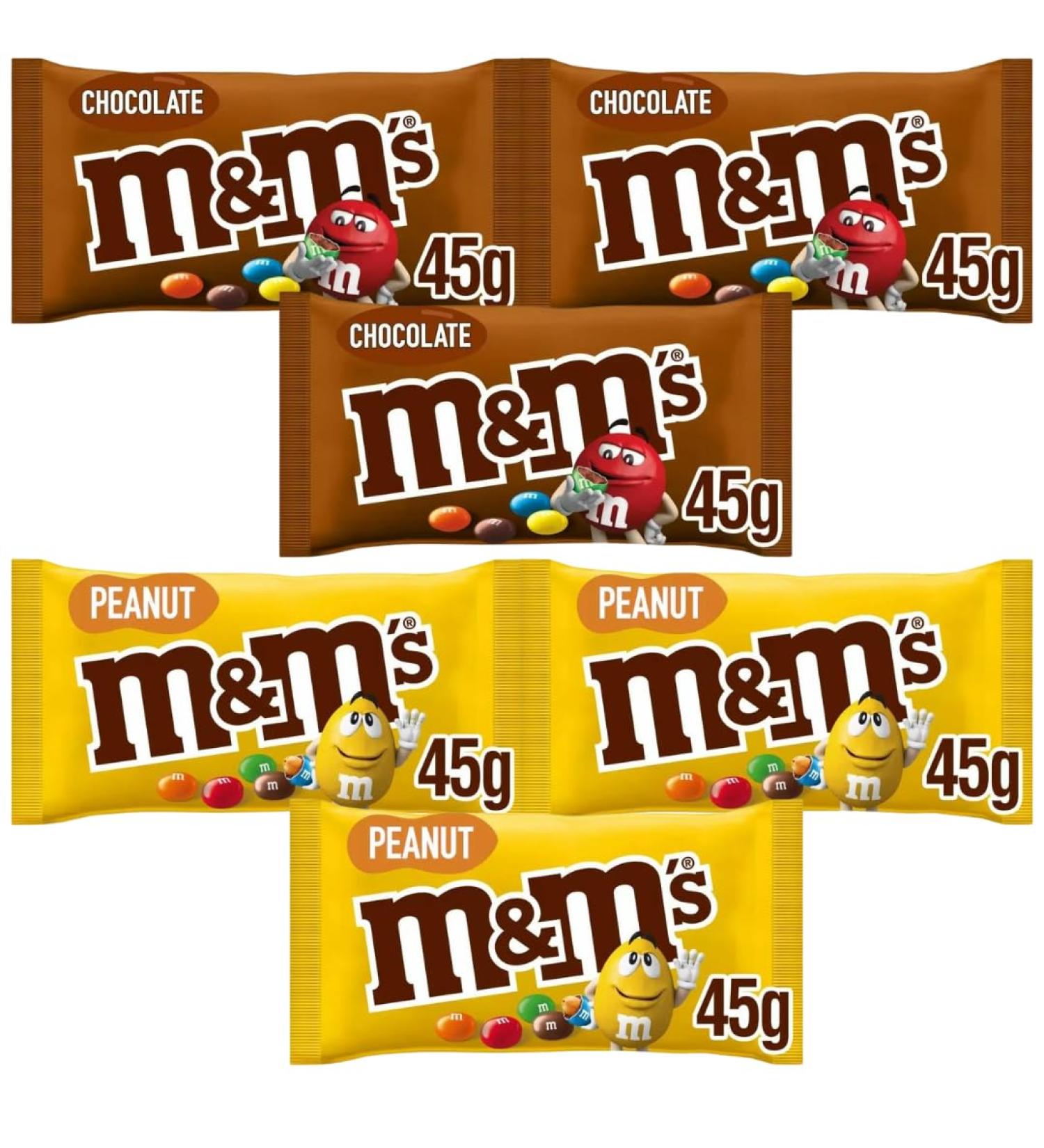 Chocolate Bags Bundle with M&M Chocolate Bags 45g x3 and M&M Peanut Chocolate Bags 45g x3 (6 Pack)