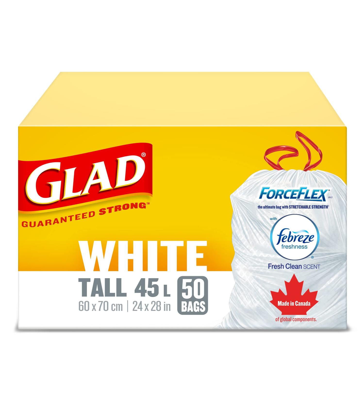 Glad White Garbage Bags - Tall 45 Litres - ForceFlex Drawstring with Febreze Fresh Clean Scent 50 Trash Bags Made in Canada of Global Components Tall. 50 Bags Garbage Bags Bags - Buy Online on GoSupps.com