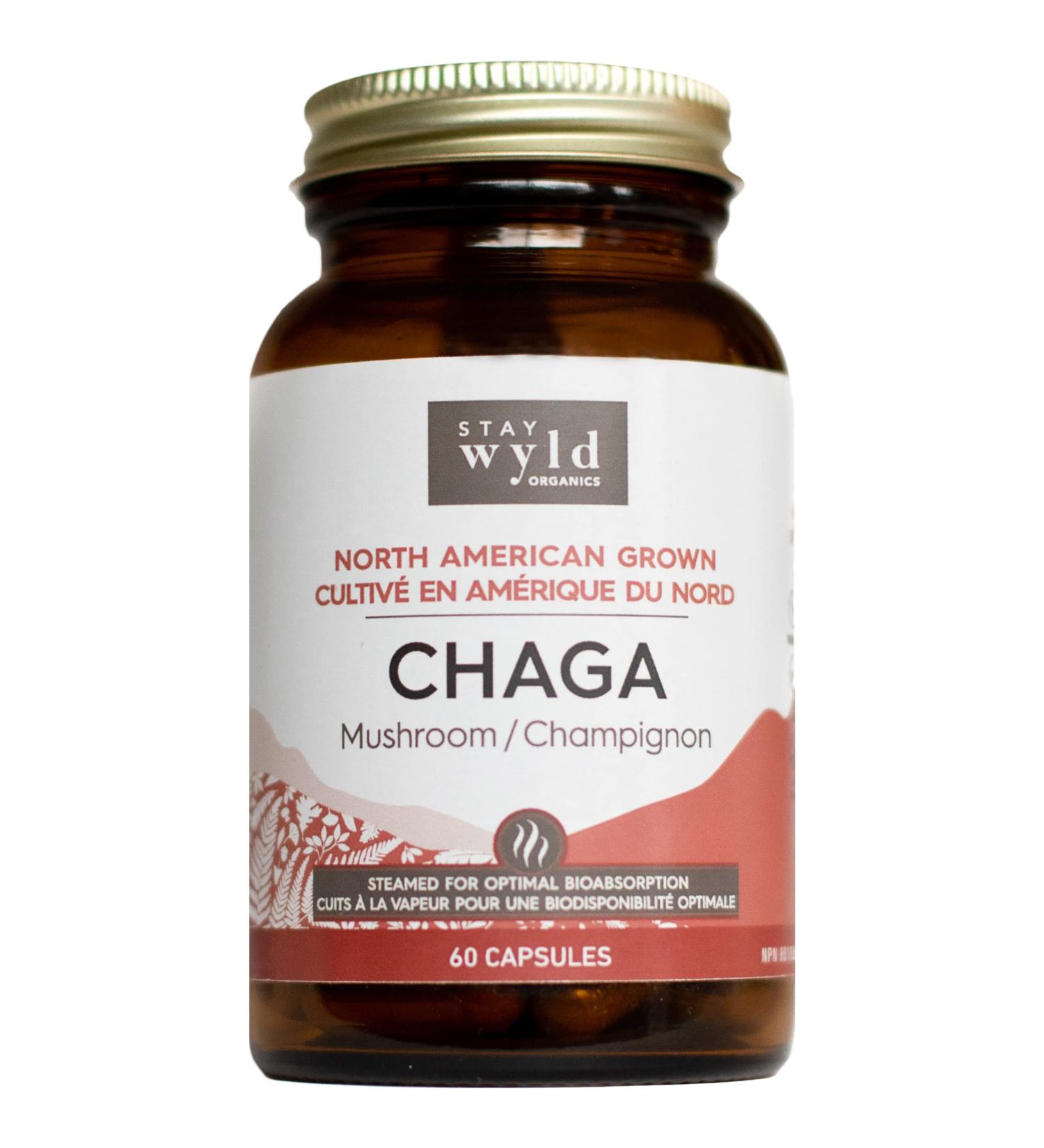 Stay Wyld - Organic Chaga Mushroom Capsules -Natural Cholesterol Level and Immune Support Supplement - 100% Canadian Grown Chaga Fruiting Bodies - Non-GMO Vegan - Mushroom Supplement - 60 Capsules Chaga - Capsules - Buy Online on GoSupps.com
