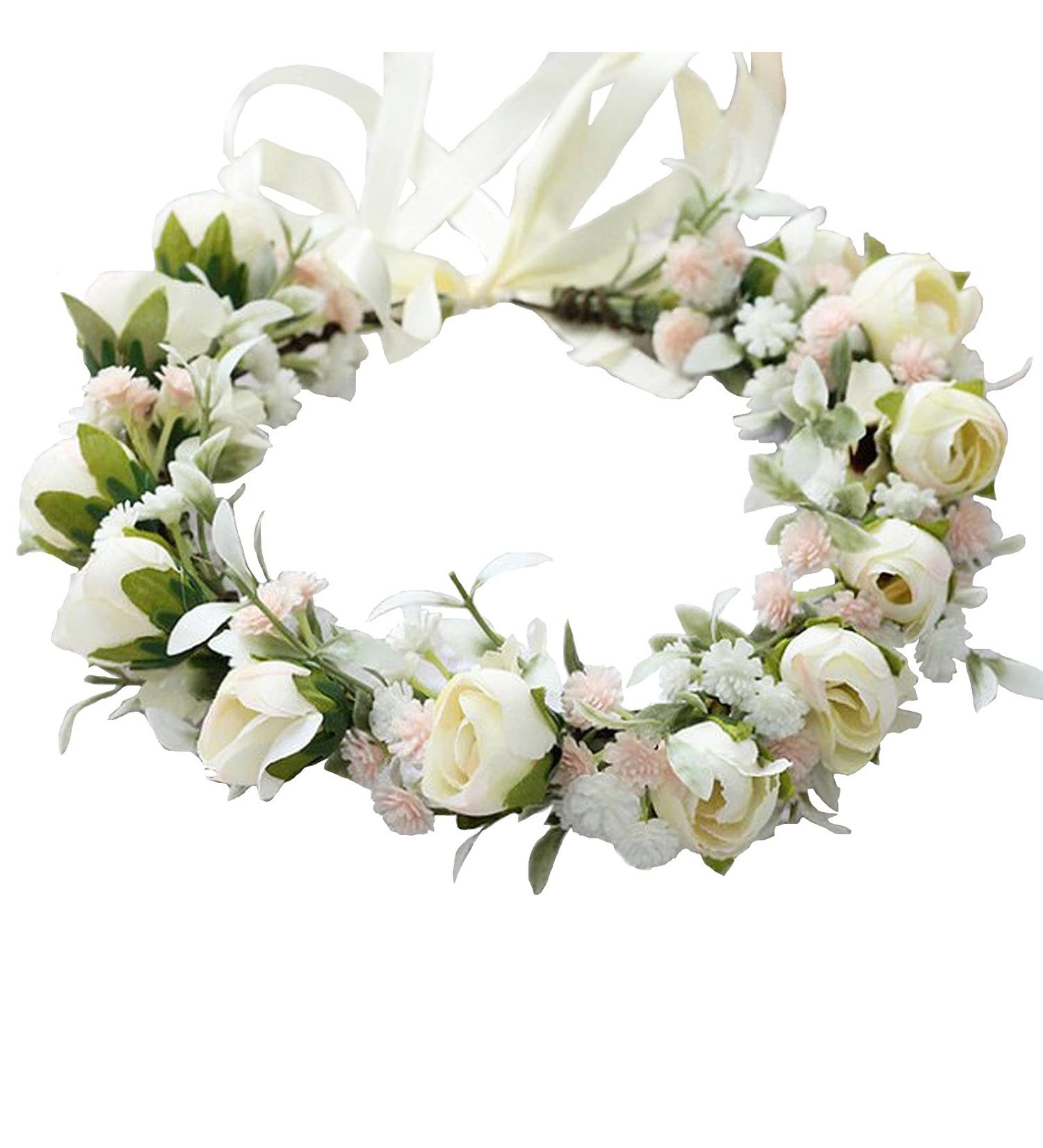 Hjhiwe Adjustable White Rose Bridal Crown - Boho Floral Headdress for Weddings & Photography - Rustic Beige Headband for Brides & Girls - Buy Online on GoSupps.com