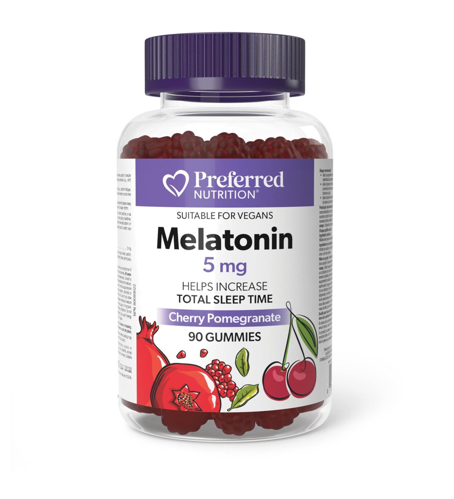 Preferred Nutrition Melatonin 5mg 90 Gummies Cherry Pomegranate Helps Increase Total Sleep Time Vegan 90 count (Pack of 1) 5 mg - Cherry Pomegranate Flavor