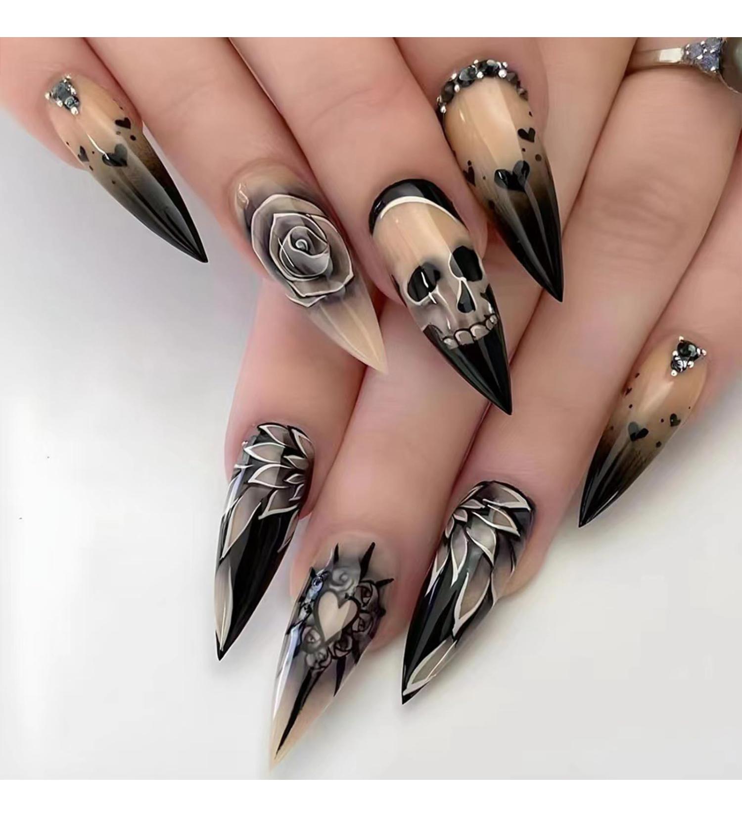 Buy Halloween Press on Nails - Long Almond Goth Skull Black Rose Acrylic - Glossy Stiletto False Nails with Rhinestones for Women - Buy Online on GoSupps.com
