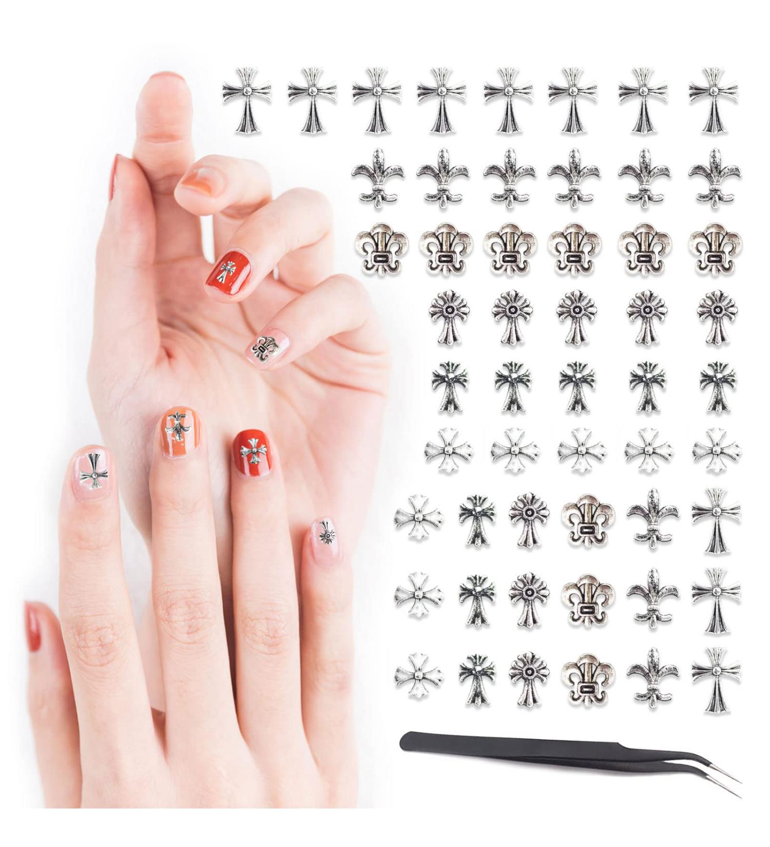 120Pcs 3D Metal Cross Nail Charms with Nail Tweezer - DIY Punk Gothic Manicure Accessories in Silver - Buy Online on GoSupps.com
