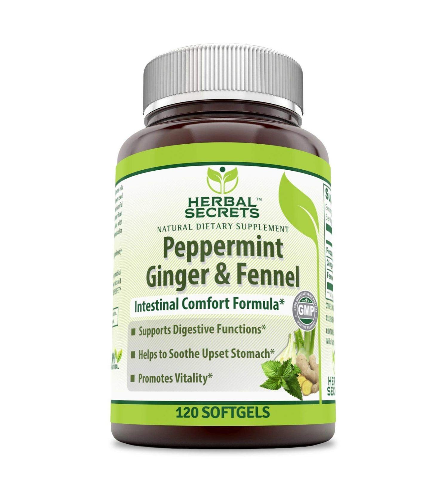 Herbal Secrets Peppermint Ginger Fennel Softgels 120ct (Non-GMO) - Digestive Support & Vitality - Soothes Upset Stomach - Buy Online on GoSupps.com