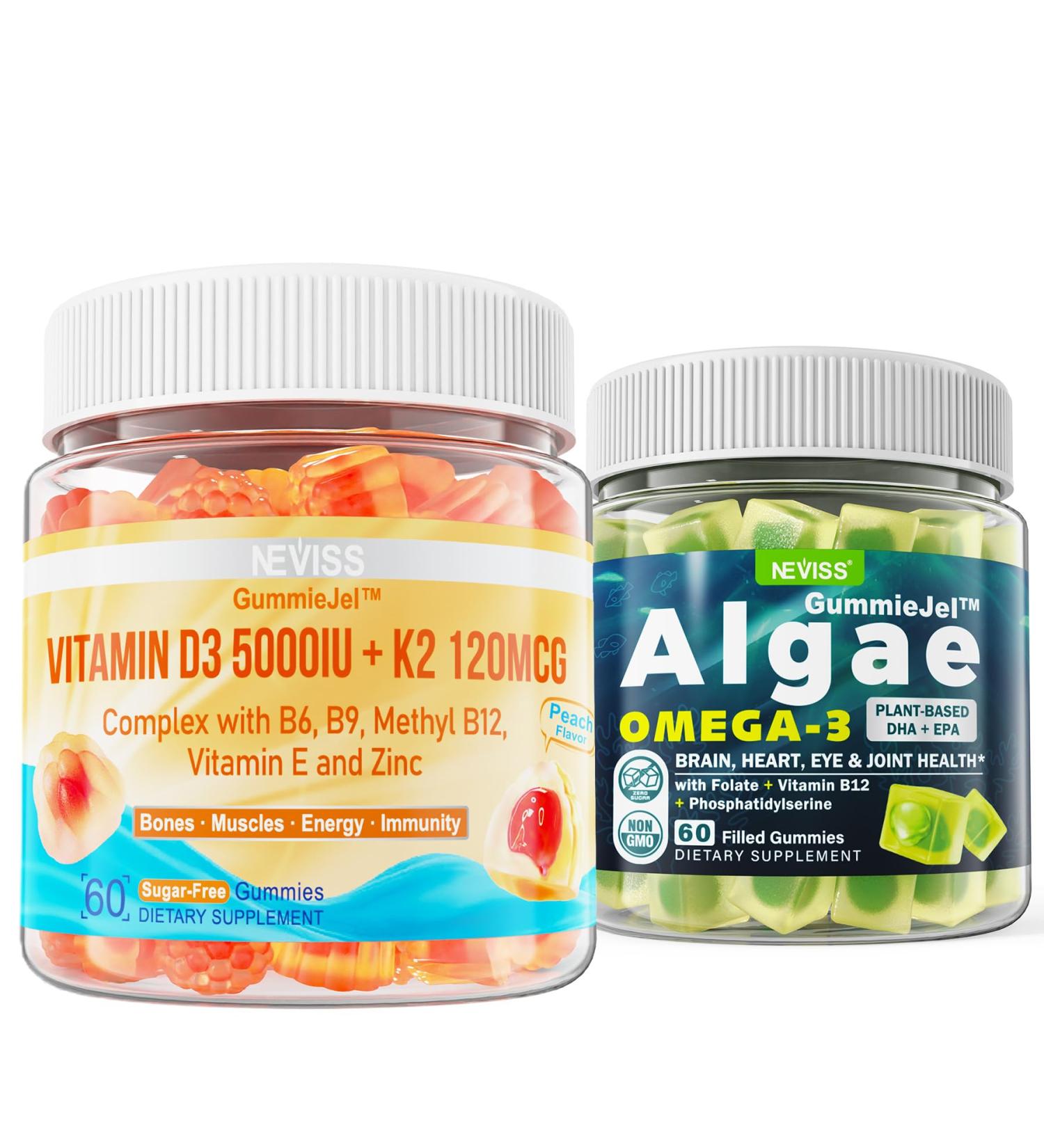 NEVISS Vitamin D3 5000IU + K2 (MK-7) 120mcg Filled Gummies + Vegan Omega 3 Gummies 1000mg - Buy Online on GoSupps.com