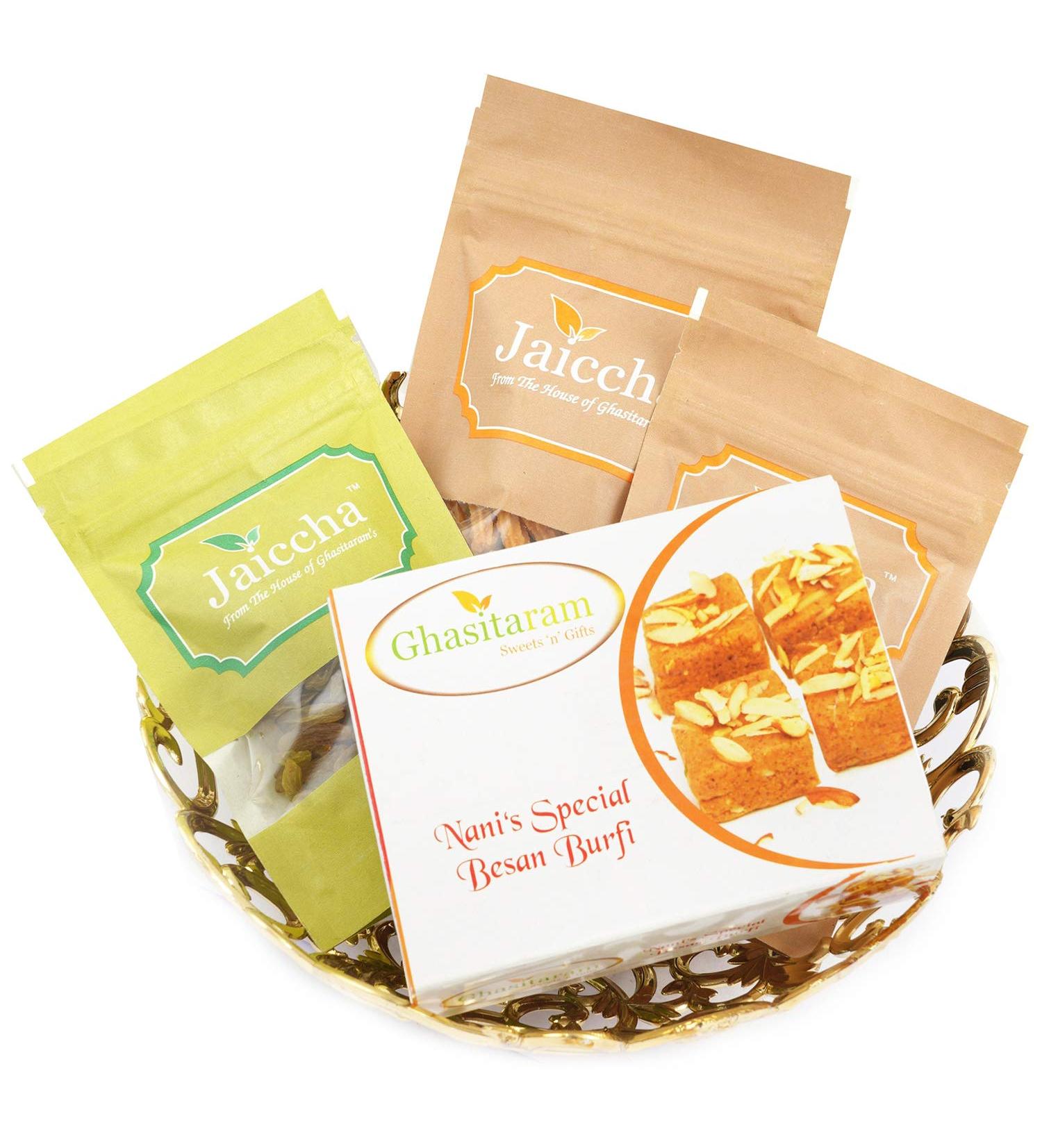 Ghasitaram Gifts Mother's Day Gifts Carved Basket of Almonds Raisins Butter Chakli and Besan Barfi|Diwali Holi Valentine Christmas Birthday Anniversary Gift for Her Him Mothers Day Fathers Day| - Buy Online on GoSupps.com