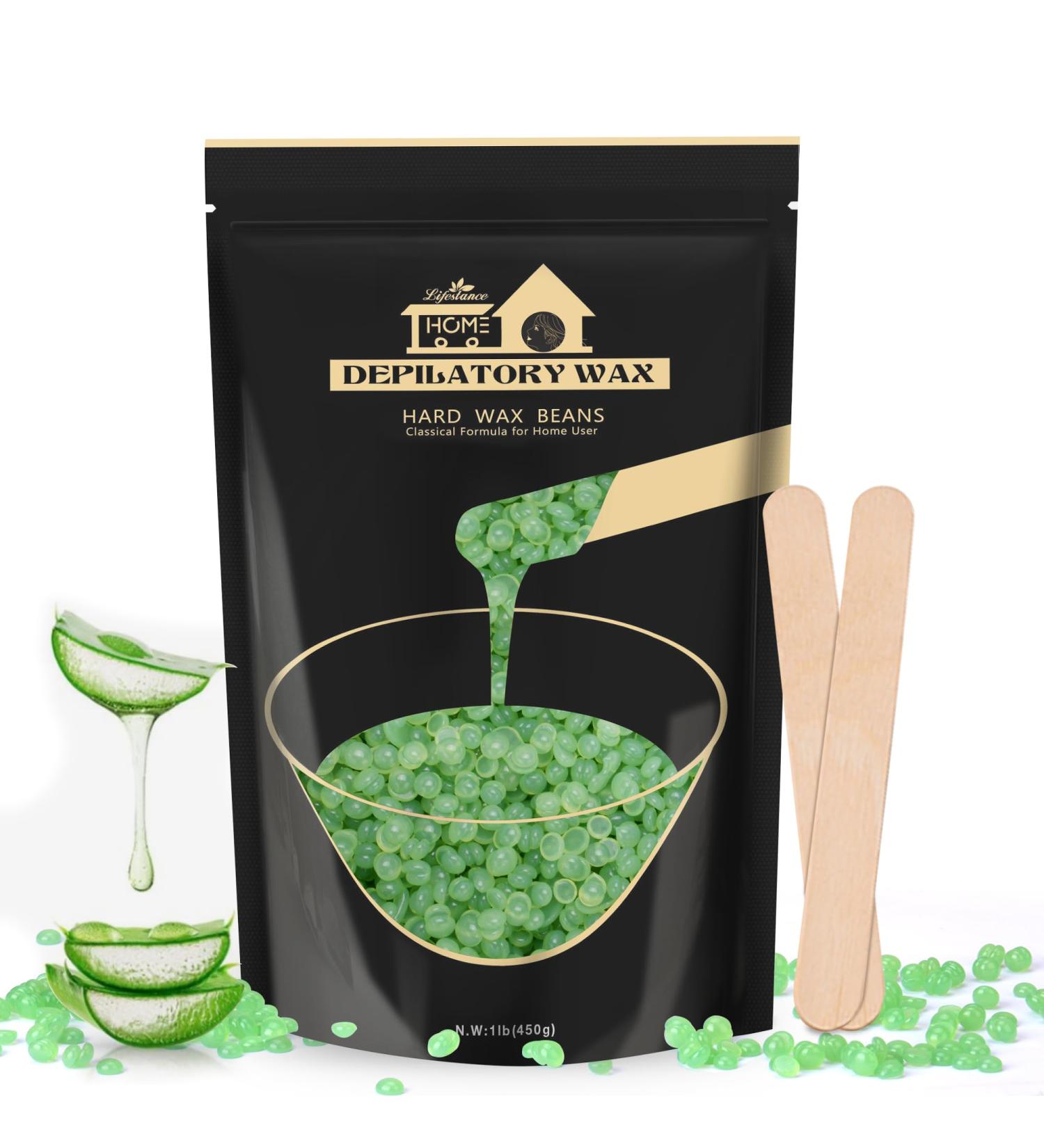 Lifestance 450g Aloe Green Wax Pearls with 10 Wooden Spatulas - Brazilian Waxing for Face Body Legs & Arms - Premium Hair Removal - Buy Online on GoSupps.com
